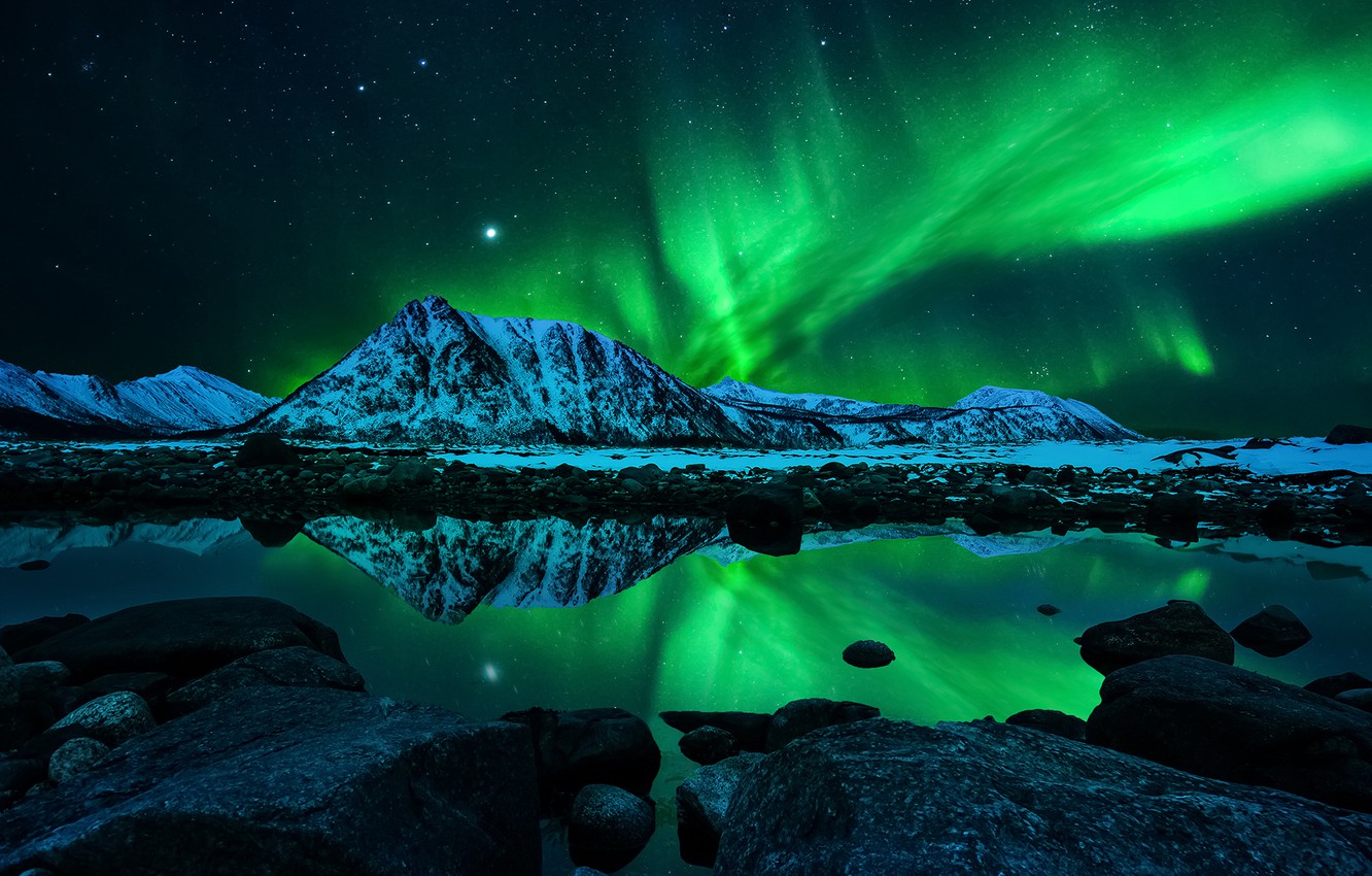 Wallpaper The Sky Stars Mountains Night Lights Reflection
