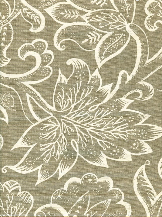 Jacobean Linen Fabric Large Floral Design In Ivory Printed On Natural