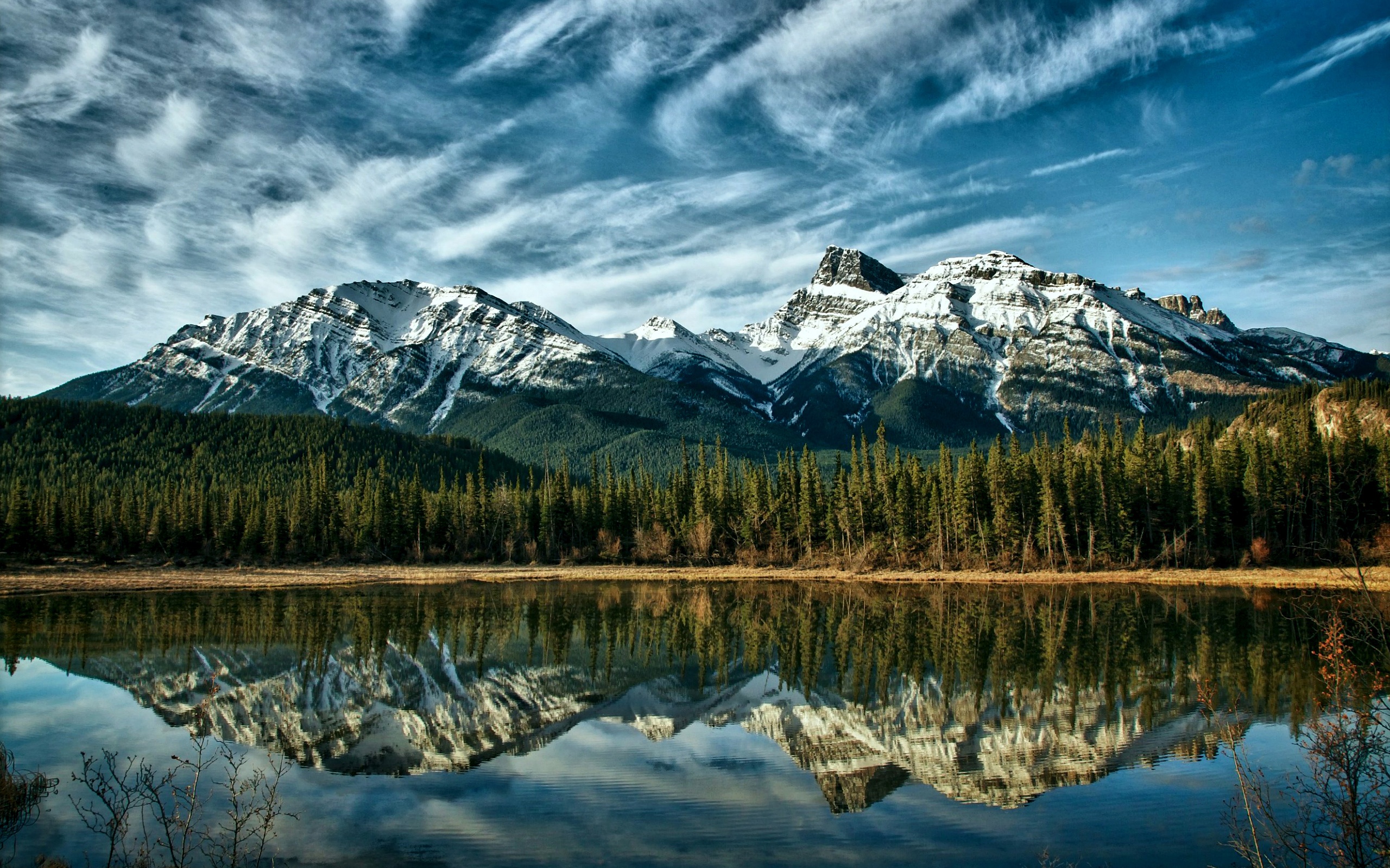 Canada Alberta Nature Landscape Lake Snow Capped Mountains Reflection