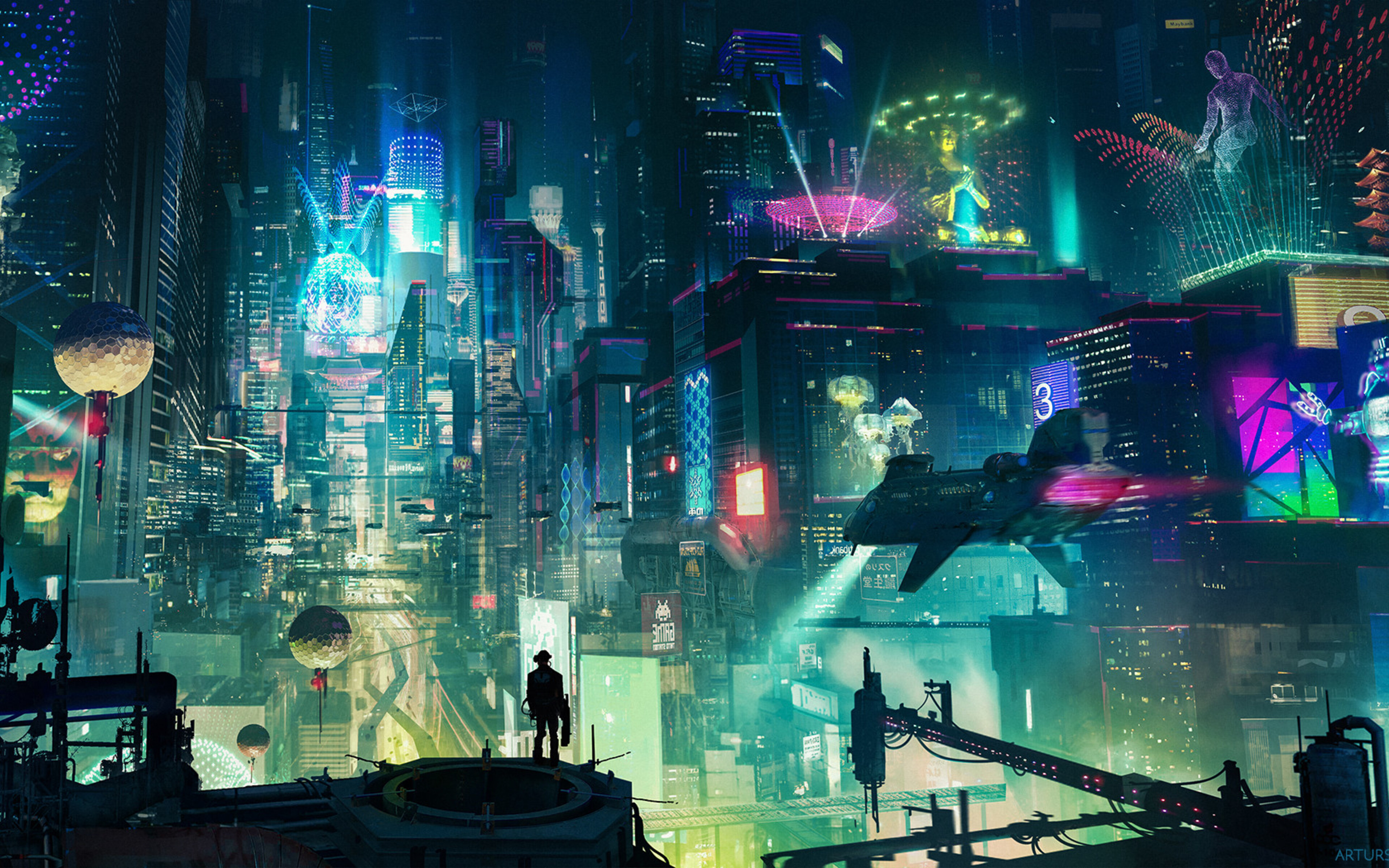 A breathtaking cyberpunk cityscape at night, illuminated by neon signs and holographic projections, with a lone figure overlooking the futuristic metropolis