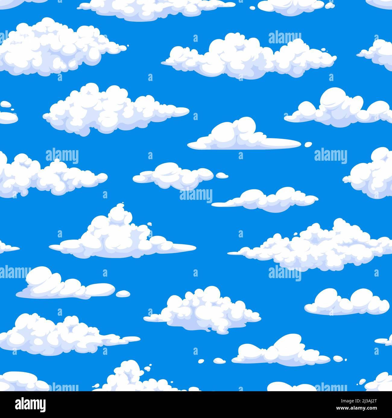 Cartoon Fluffy White Clouds In Blue Sky Seamless Pattern