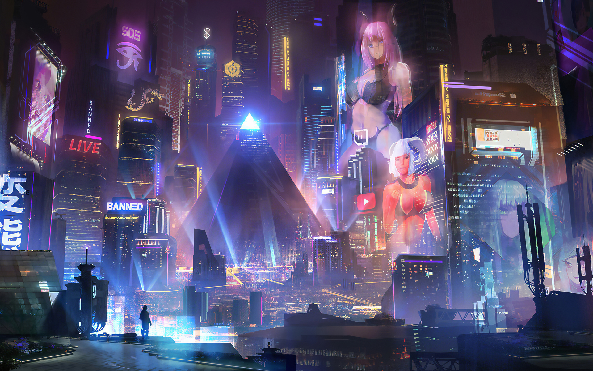 A futuristic cyberpunk cityscape at night, illuminated by vibrant neon signs and holographic projections of anime-style characters. A pyramid-shaped structure stands prominently in the center, adding to the otherworldly atmosphere