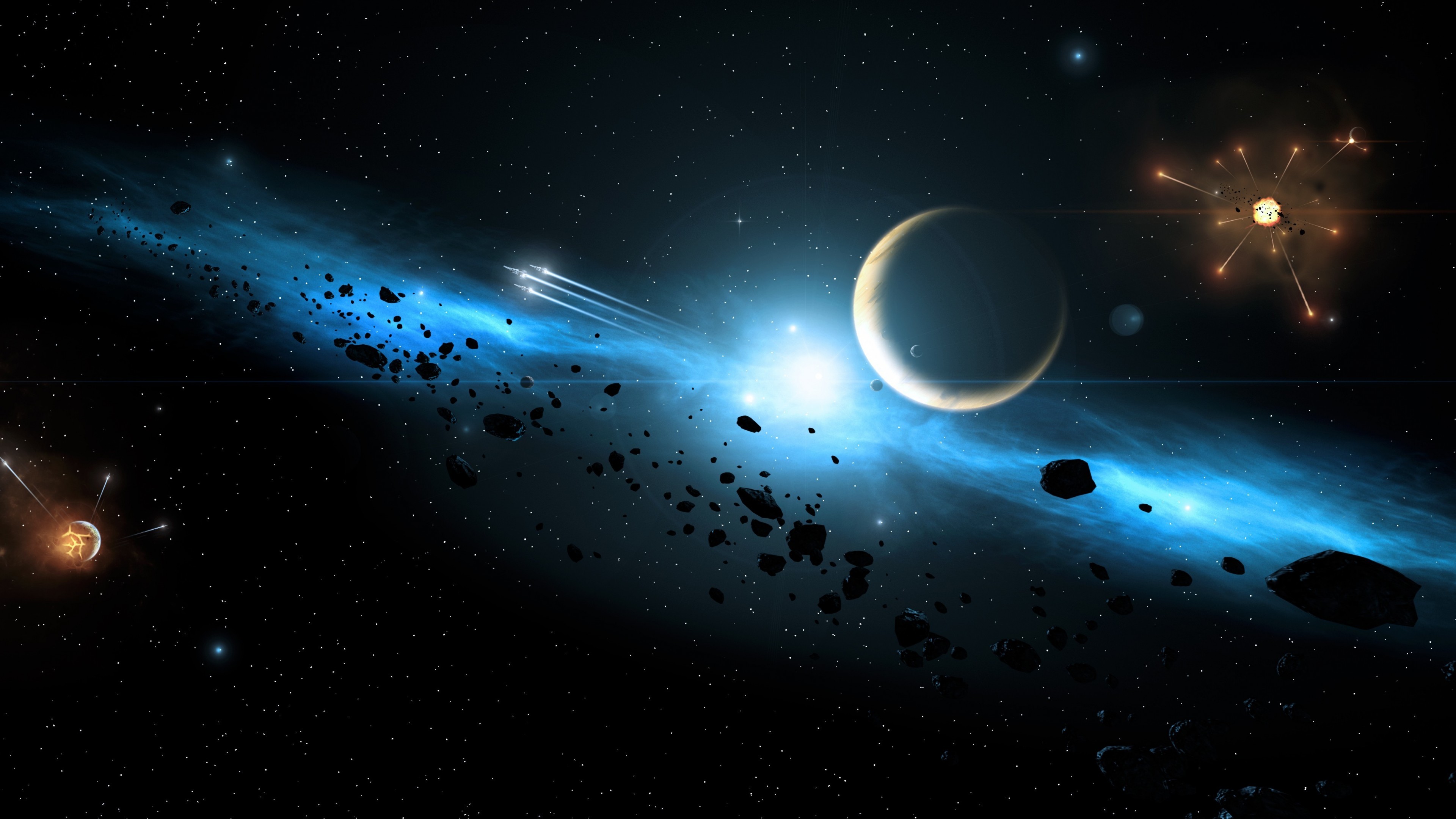 5K HD Space Wallpaper: Asteroid Field and Crescent Planet