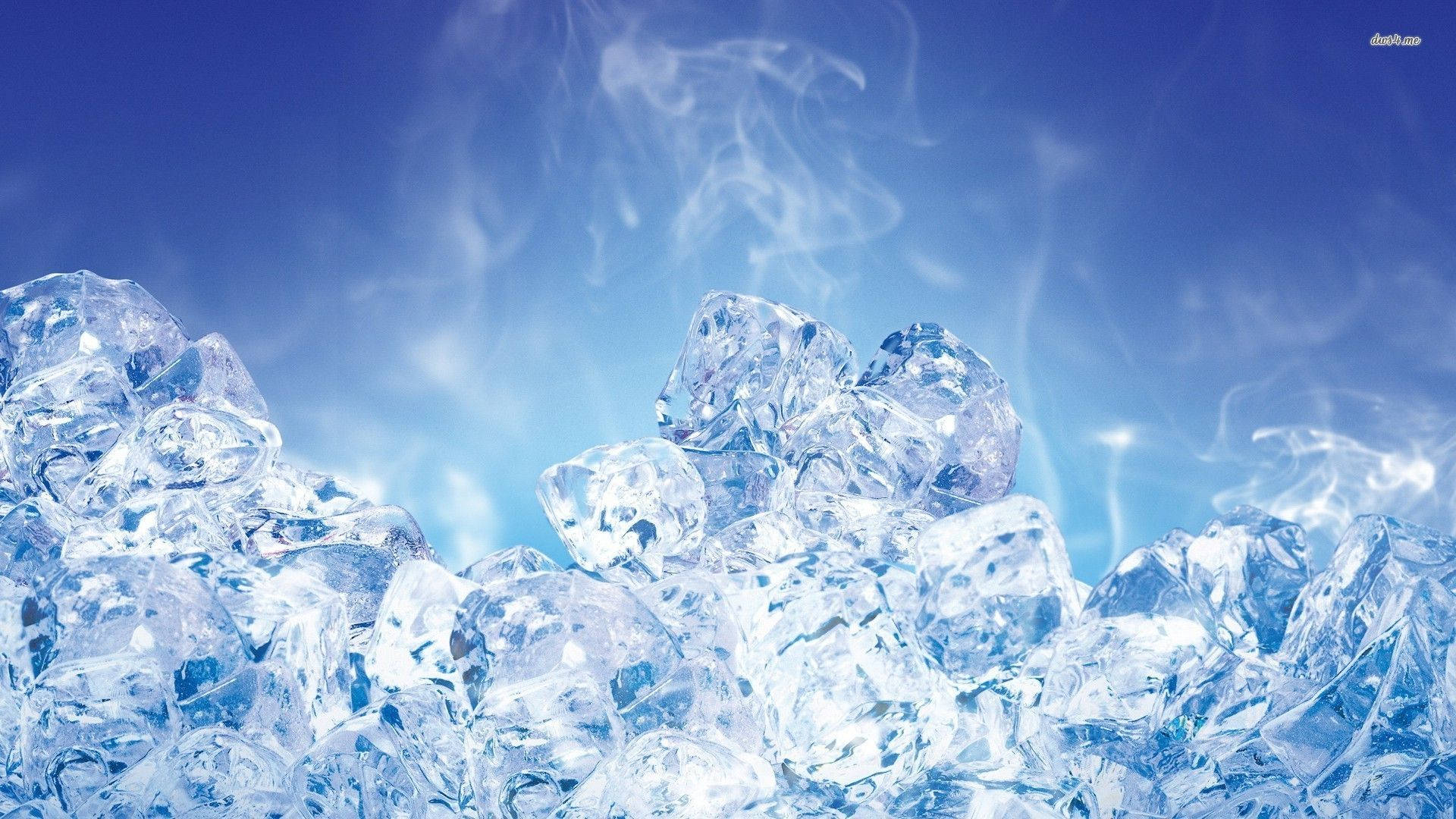 Cool and refreshing ice cubes on a vibrant blue background, with a wisp of cool air, perfect for an ice wallpaper