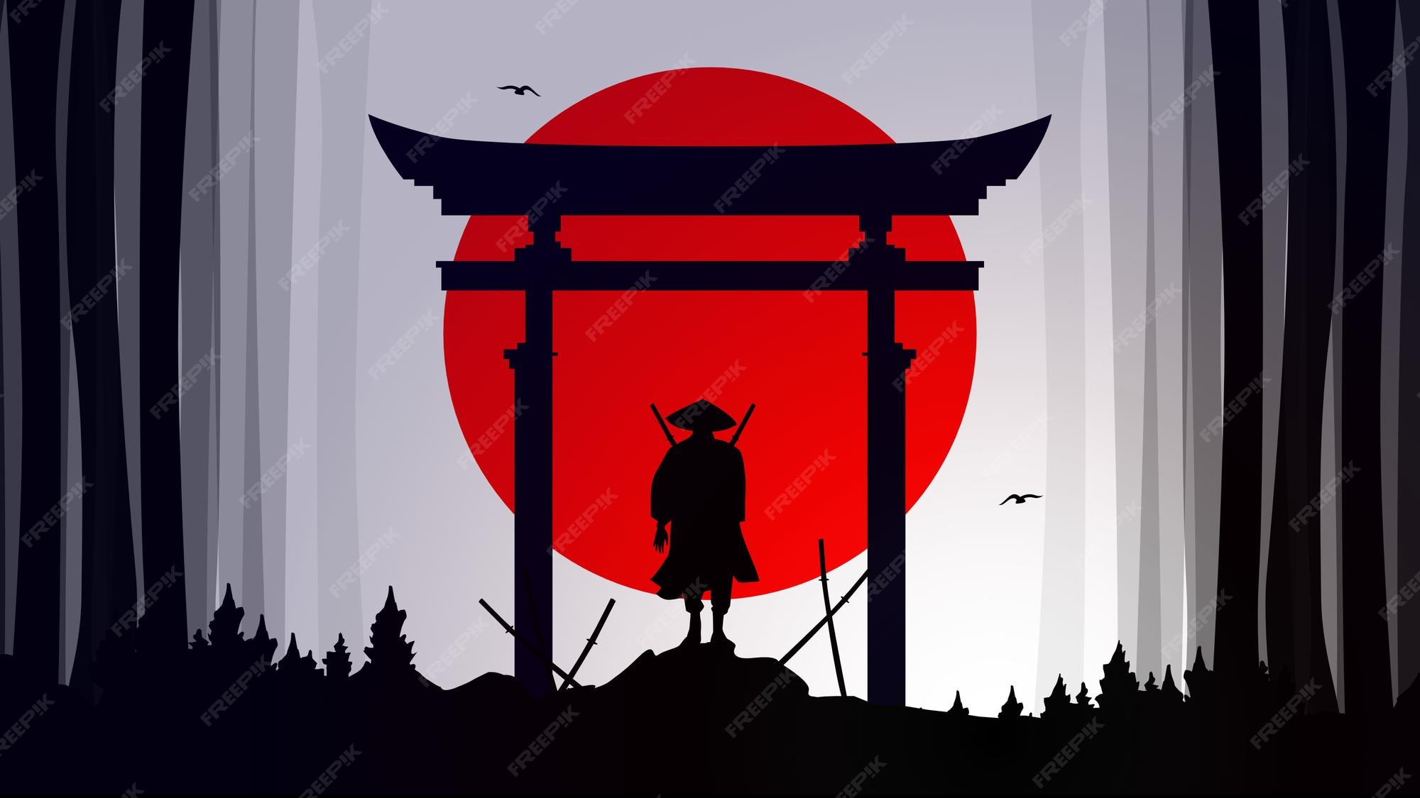 Samurai With Red Moon Wallpaper Japanese Theme
