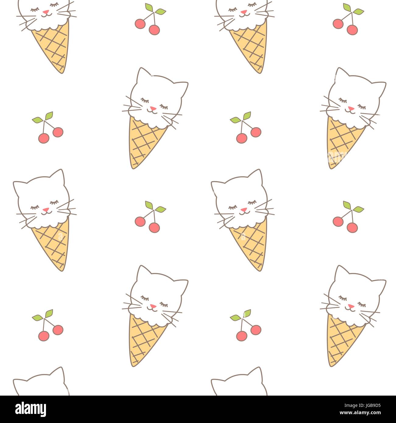 Cute Cartoon Cat Ice Cream Seamless Vector Pattern Background
