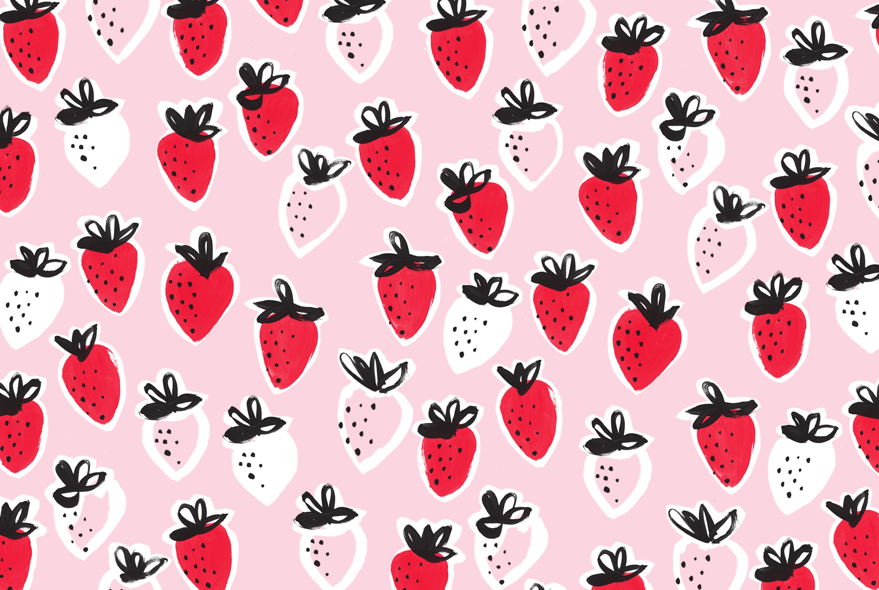 A pink wallpaper with a pattern of hand-drawn strawberries in red, white, and light pink, with black stems and seeds