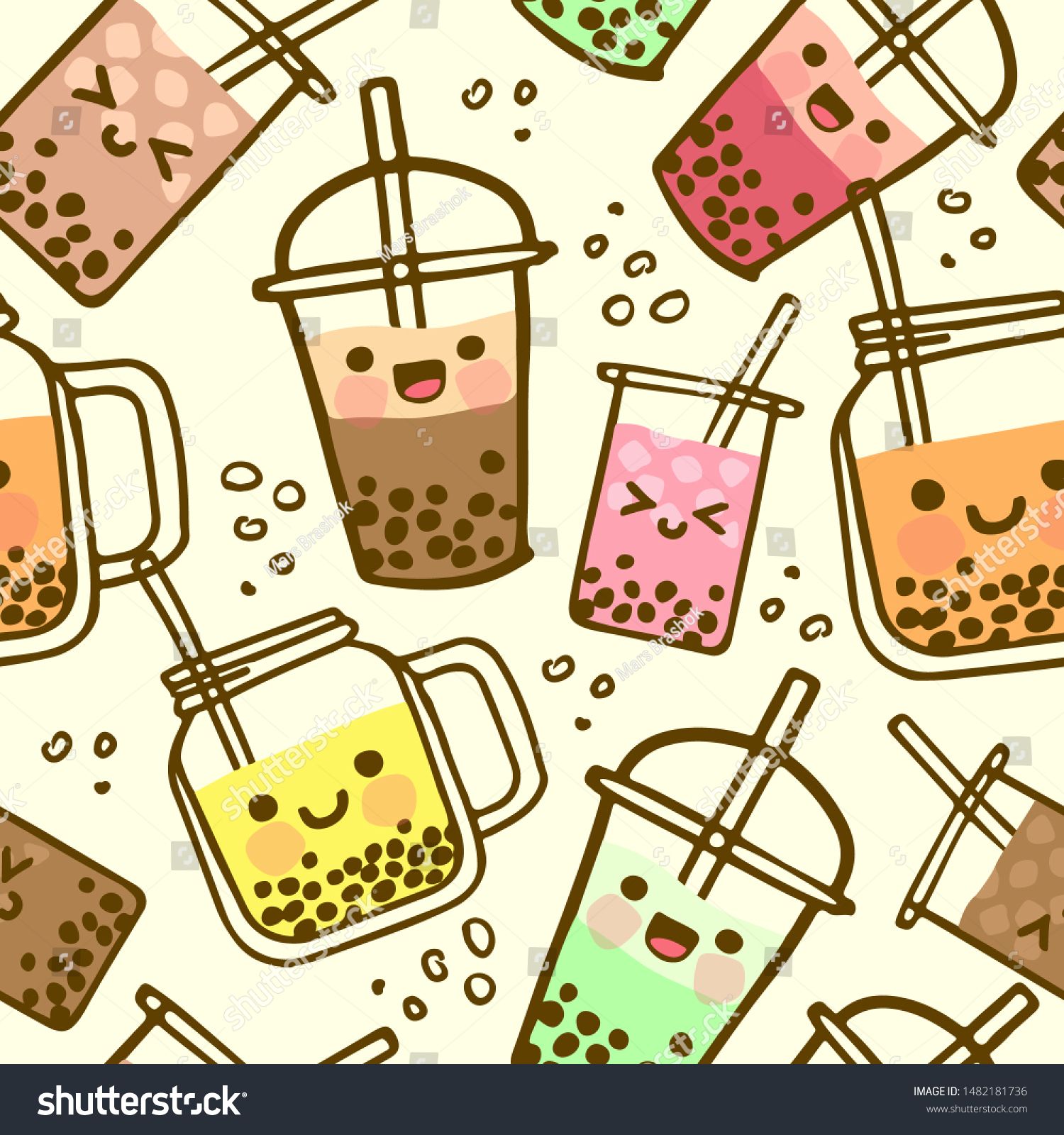 Bubble Milk Tea Funny Seamless Pattern Hand Drawn Kawaii Smiled