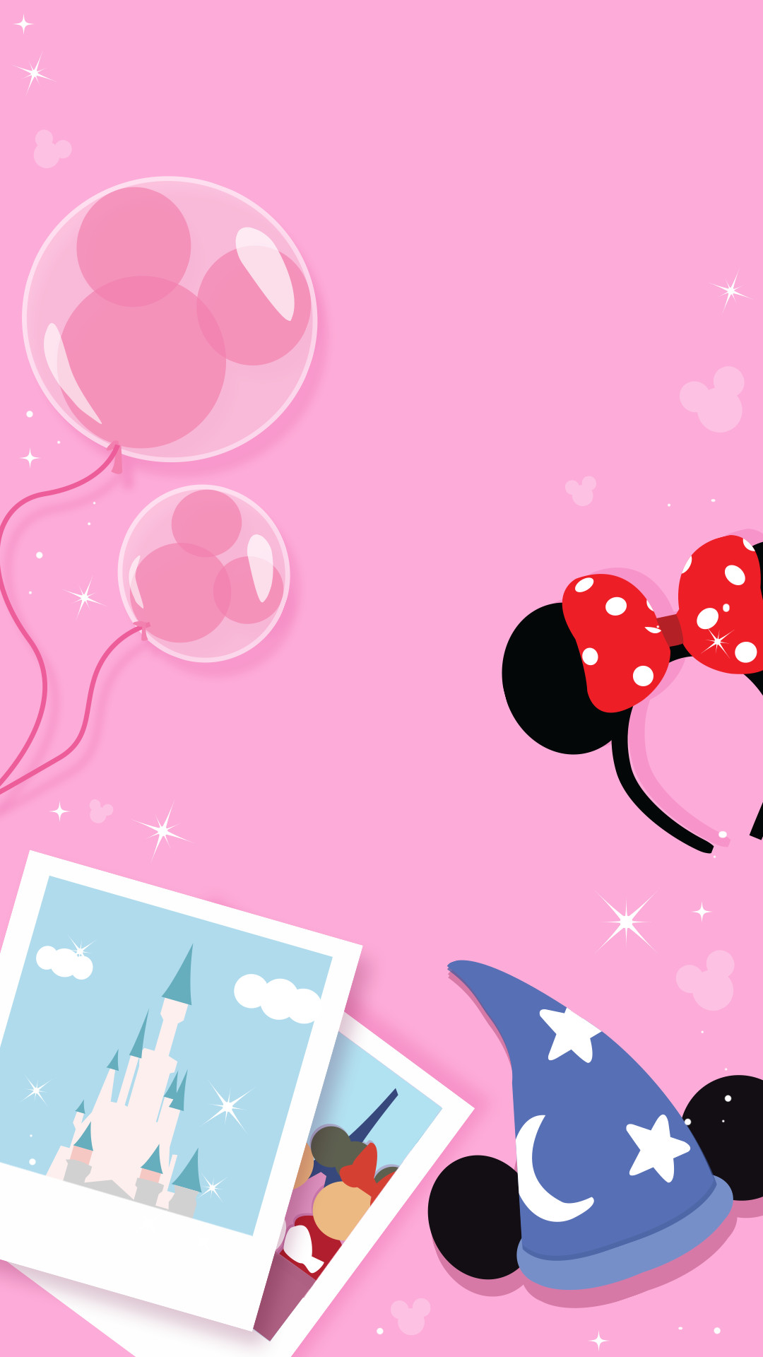 Whimsical collage of Disney-themed elements on a pink background. Featuring Mickey Mouse balloons, ears with a polka dot bow, a sorcerer's hat, and polaroid photos of Cinderella's castle and other iconic Disney scenes