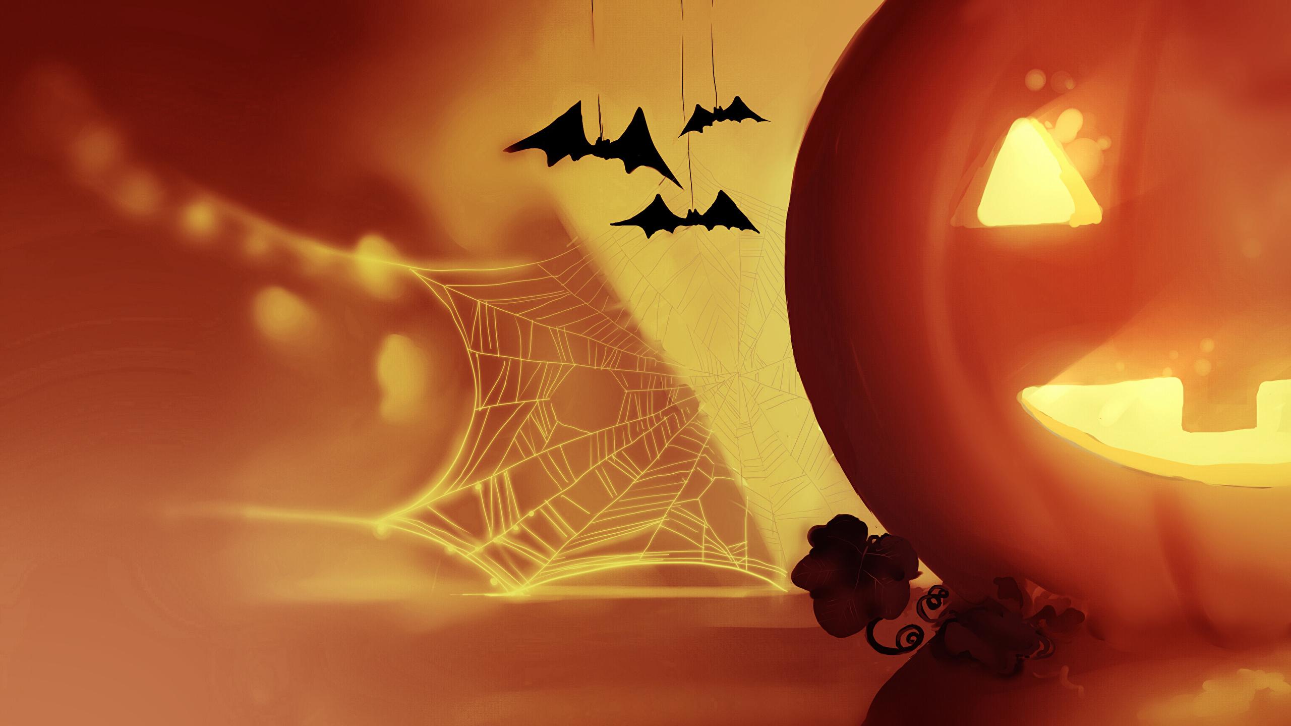 Wallpaper Bats Spider Web Fantasy Pumpkin Halloween