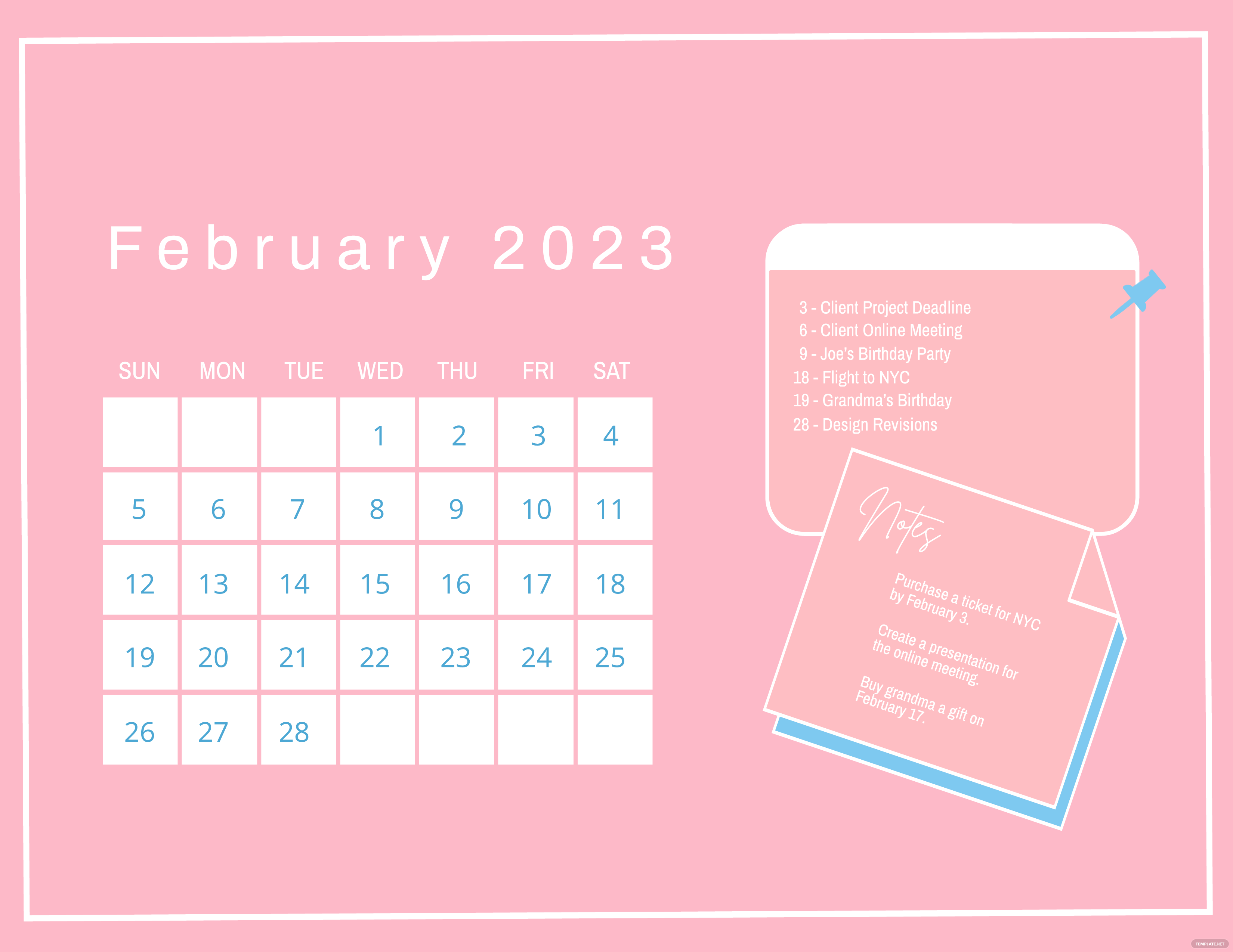 Cute February 2023 Calendar Template   Illustrator Word PSD