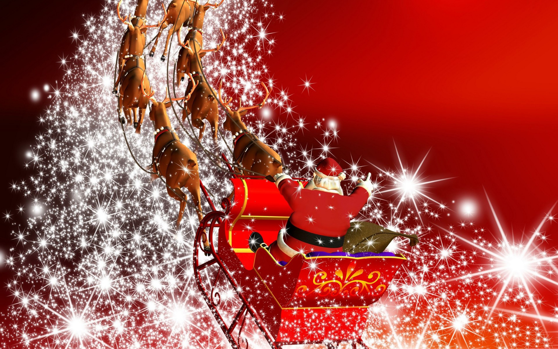 Santa Claus flying in his sleigh with reindeer against a sparkling red background