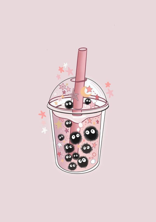 Susuwatari Pink Bubble Tea Wallpaper