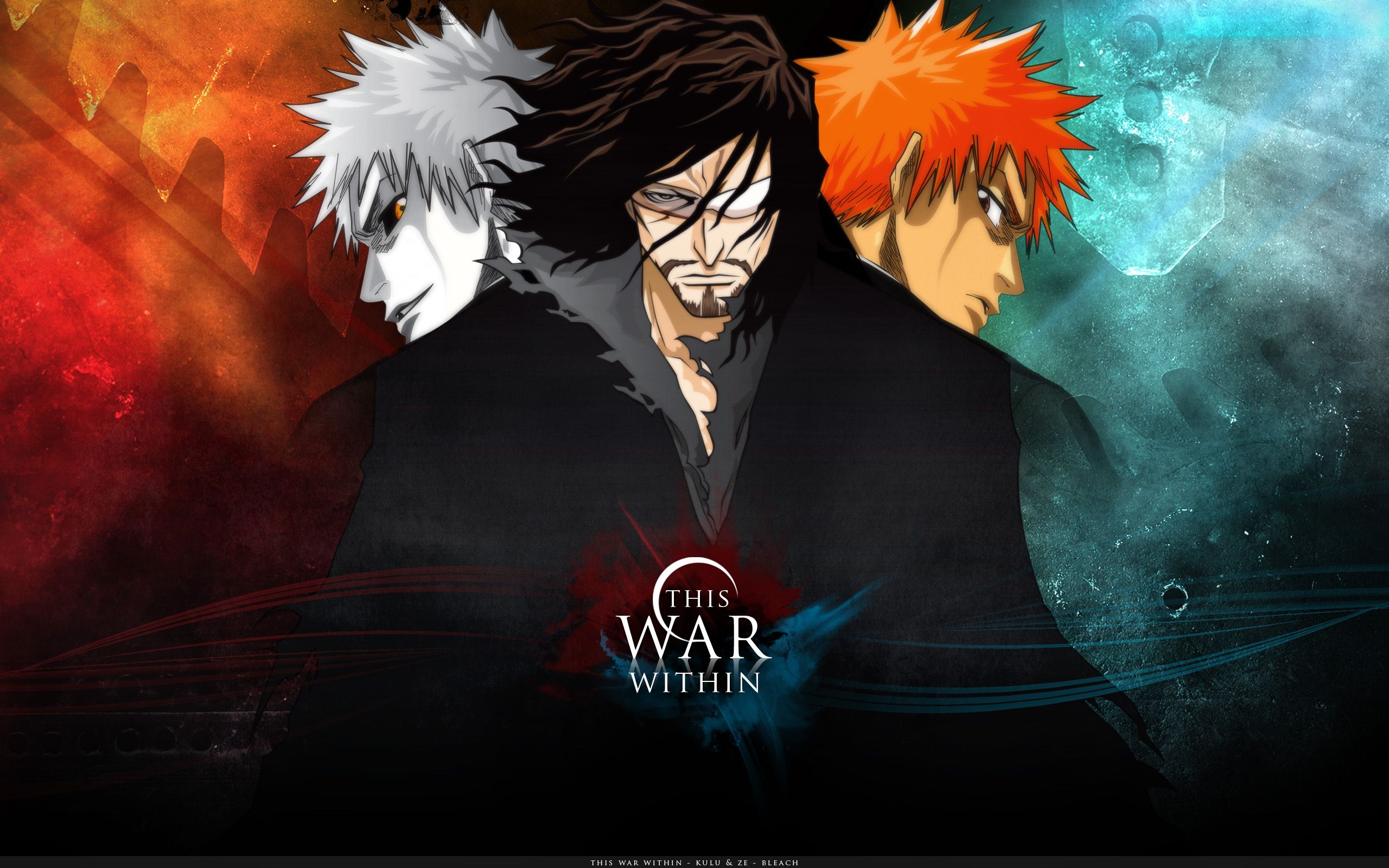 Cool anime wallpaper featuring three characters from Bleach: Ichigo Kurosaki, Tōshirō Hitsugaya, and Zangetsu, with the title 'This War Within'
