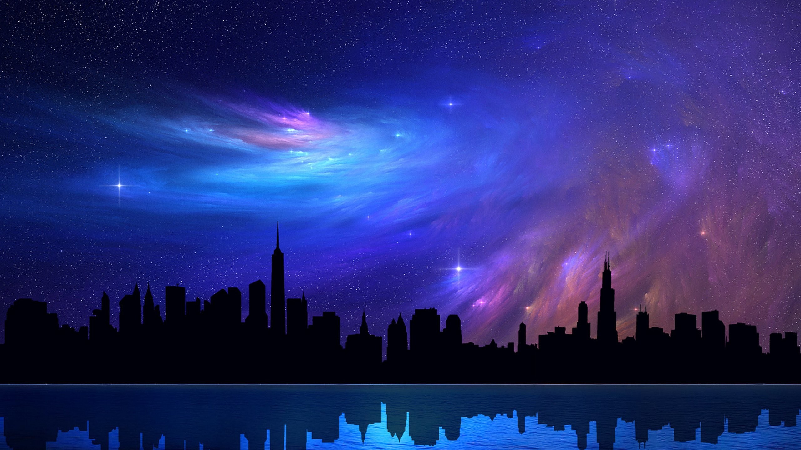 Silhouette of a cityscape against a backdrop of a vibrant, starry night sky with nebulae, reflected in a body of water