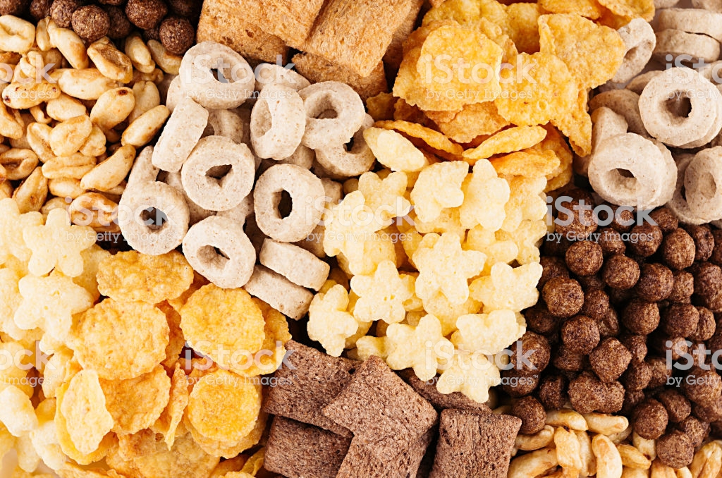 Different Corn Flakes Top Cereals Background Stock Photo