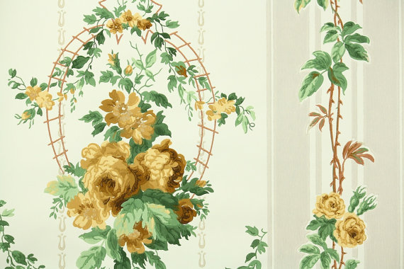 1940s Vintage Wallpaper Yellow Cabbage Roses By Hannahstreasures