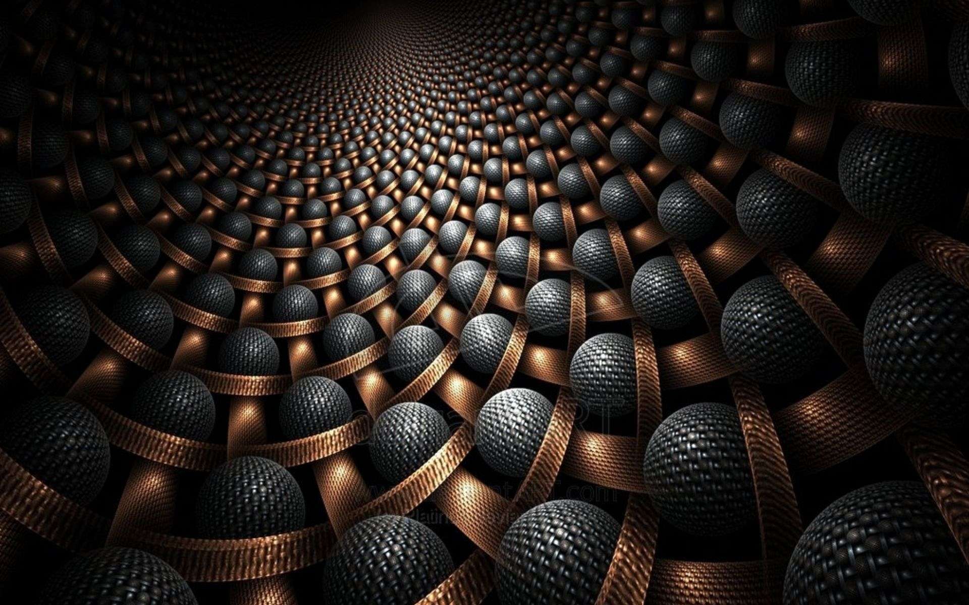 3D rendering of woven metallic ribbons with dark textured spheres, creating a futuristic and abstract wallpaper