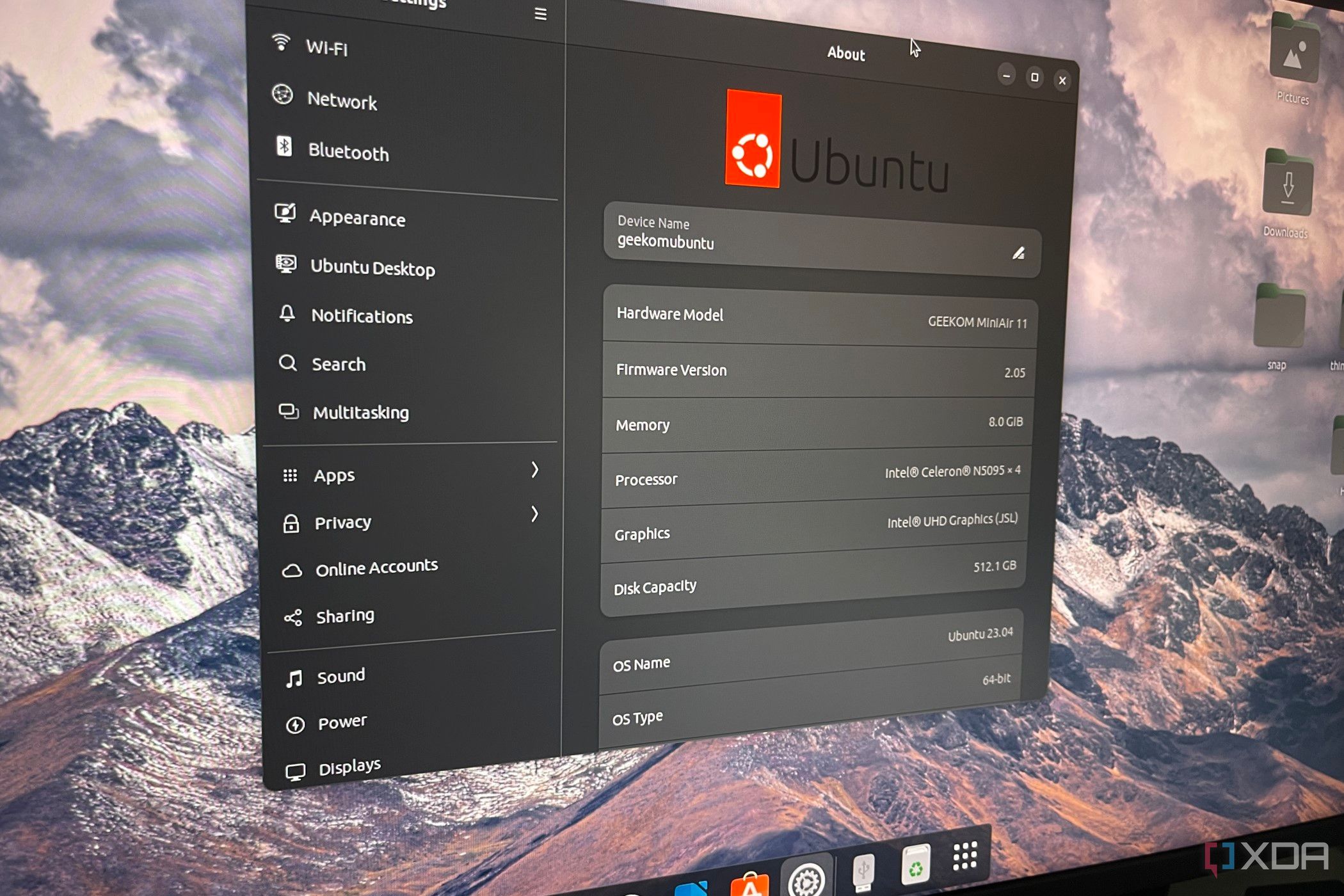 Screenshot of Ubuntu 23.04 desktop settings on a laptop screen