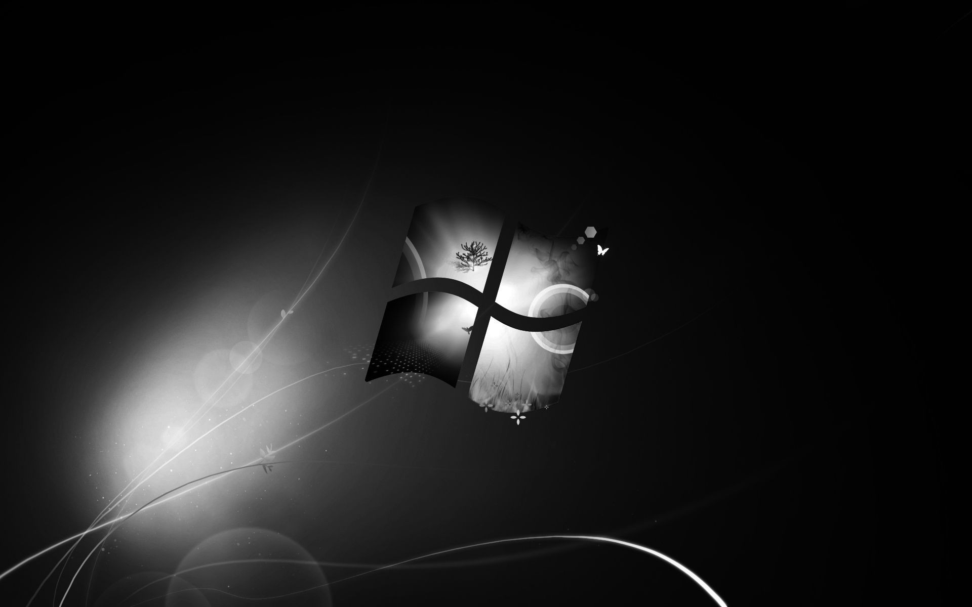 Dark Windows Logo Wallpaper: Artistic black and white background with glowing Windows insignia