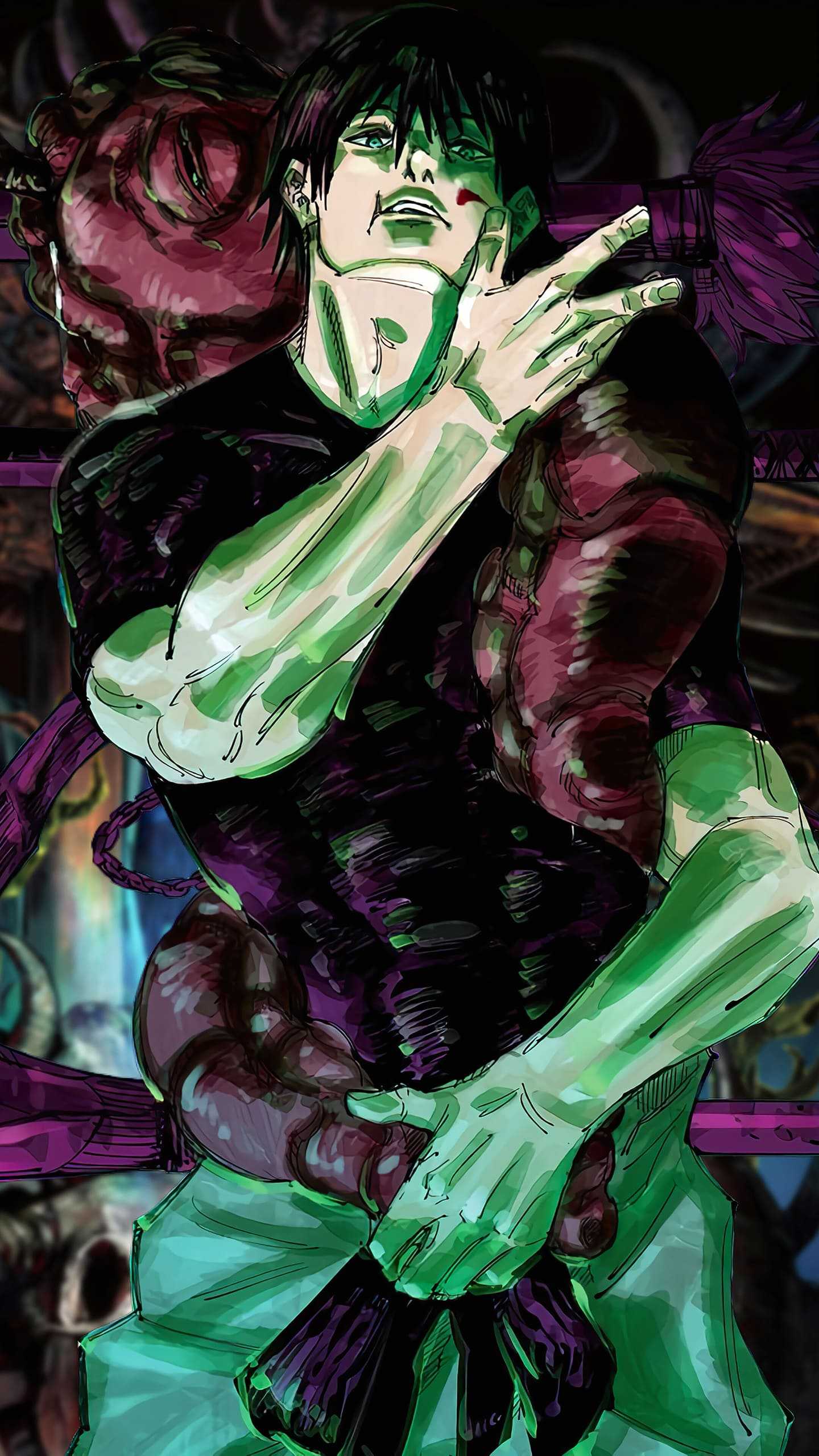 Toji Fushiguro from Jujutsu Kaisen in a dynamic and intense close-up, showcasing his cursed spirit and fighting stance