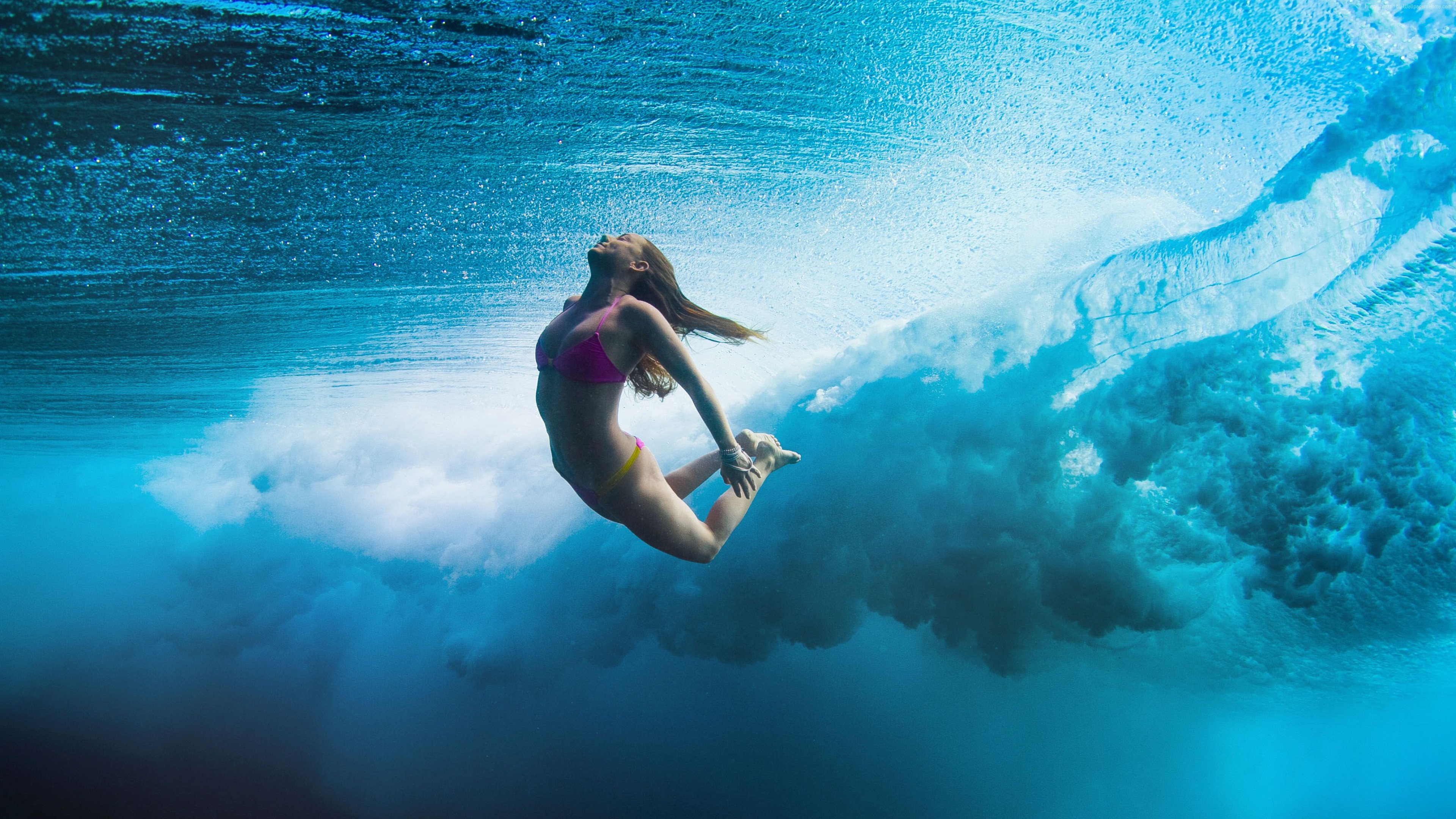 Surfing Girl Dive Sea Underwater Wallpaper And Stock