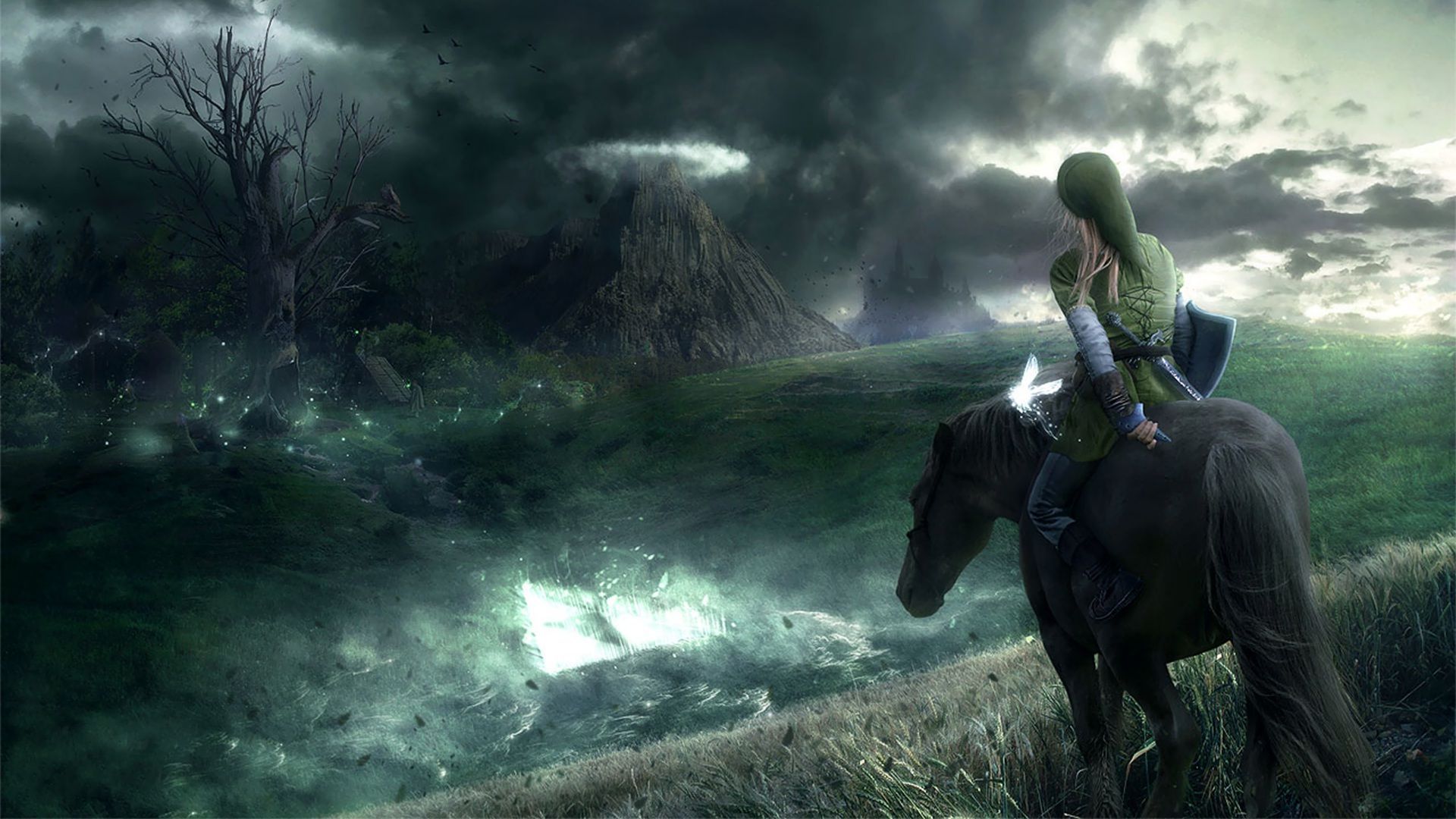 Link on horseback journeys through a mystical landscape in a Legend of Zelda inspired artwork