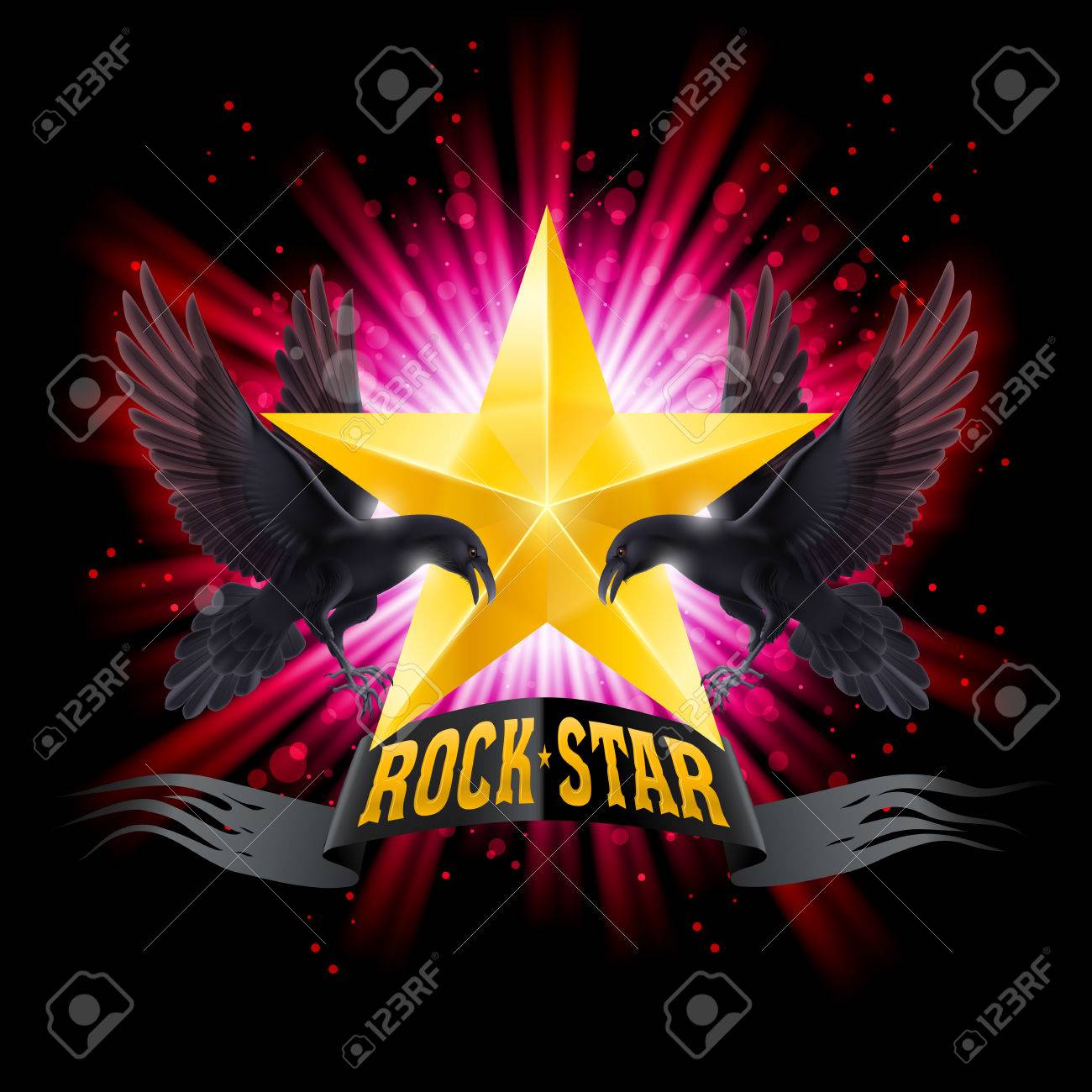 Golden Rock Star Banner With Two Ravens Over Shining Background