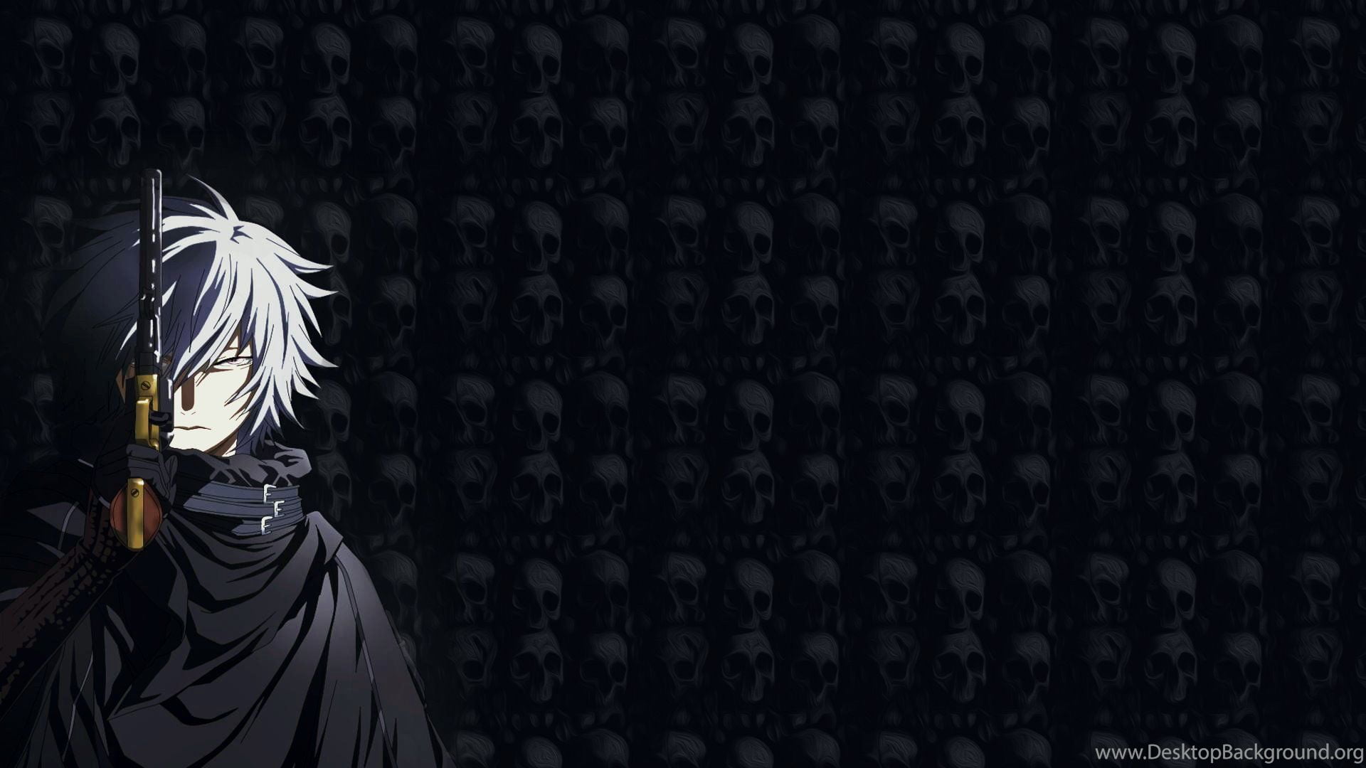 Dark anime character with white hair holding a gun against a backdrop of skulls