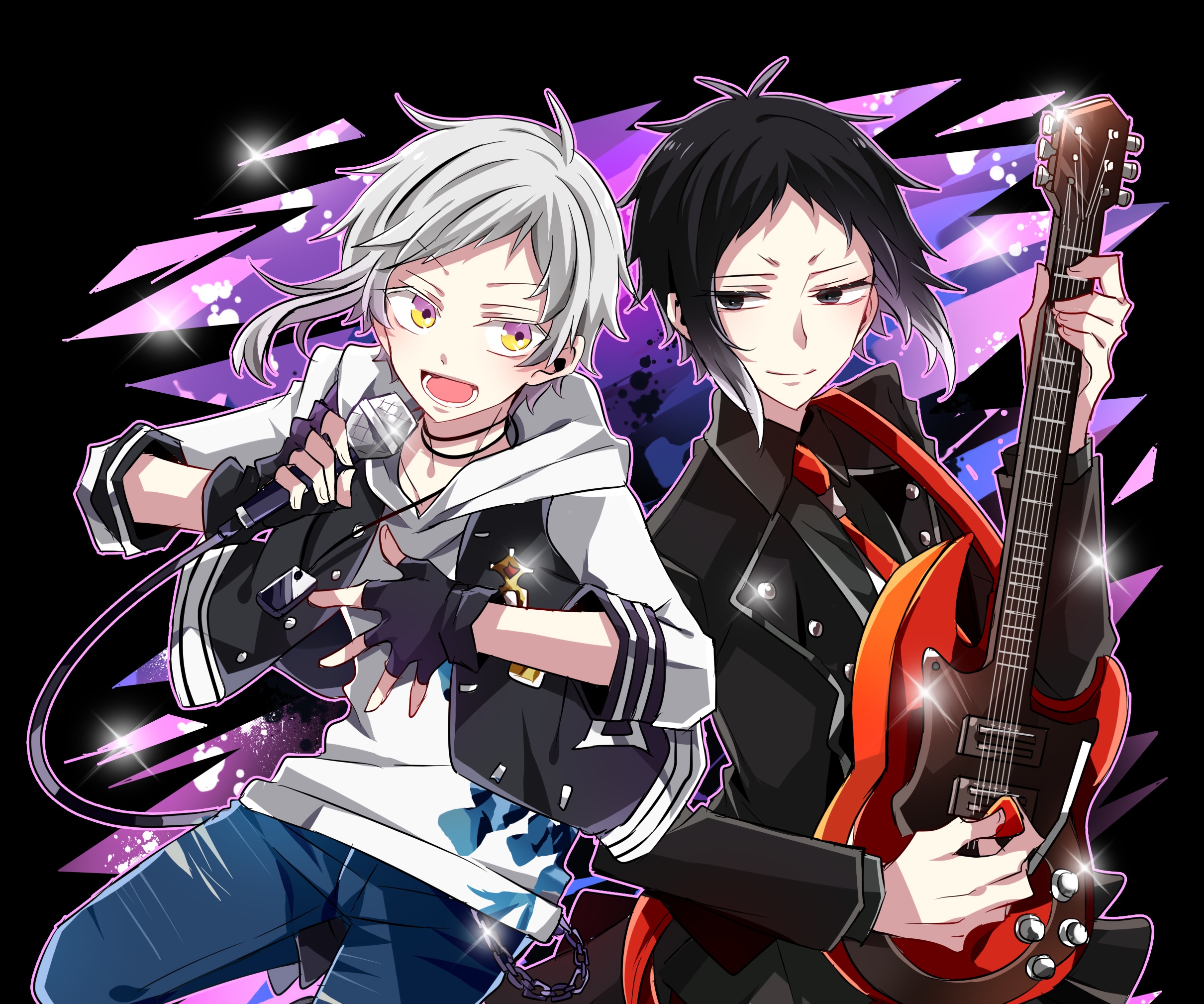 Anime-style digital artwork featuring Tachihara Michizō from the manga/anime series *Bungo Stray Dogs*, playing an electric guitar, alongside another character possibly from the same series, singing into a microphone