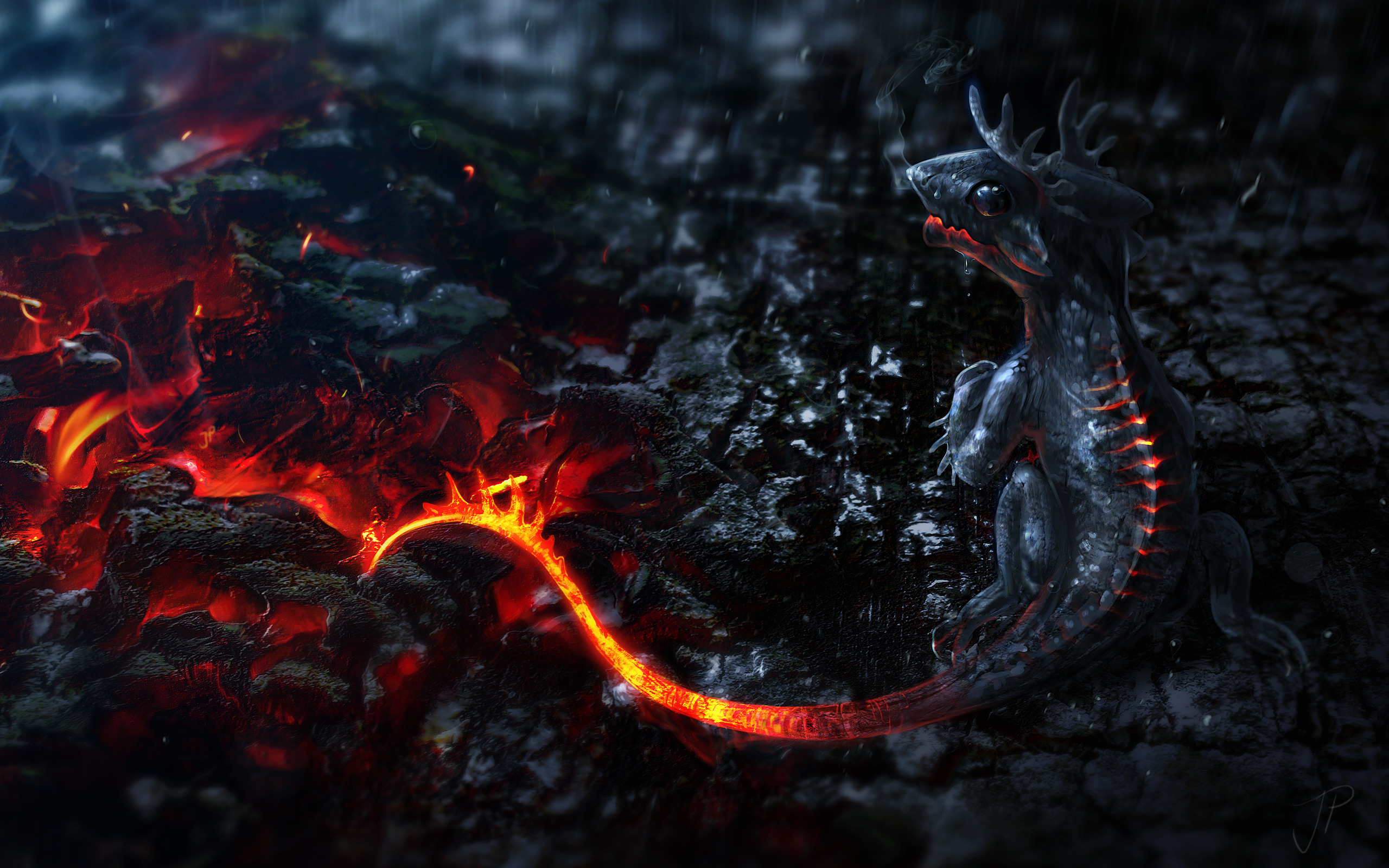 Artwork Small Dragons Tails Fire Lava Smoke Magma Ashes Wide Wallpaper