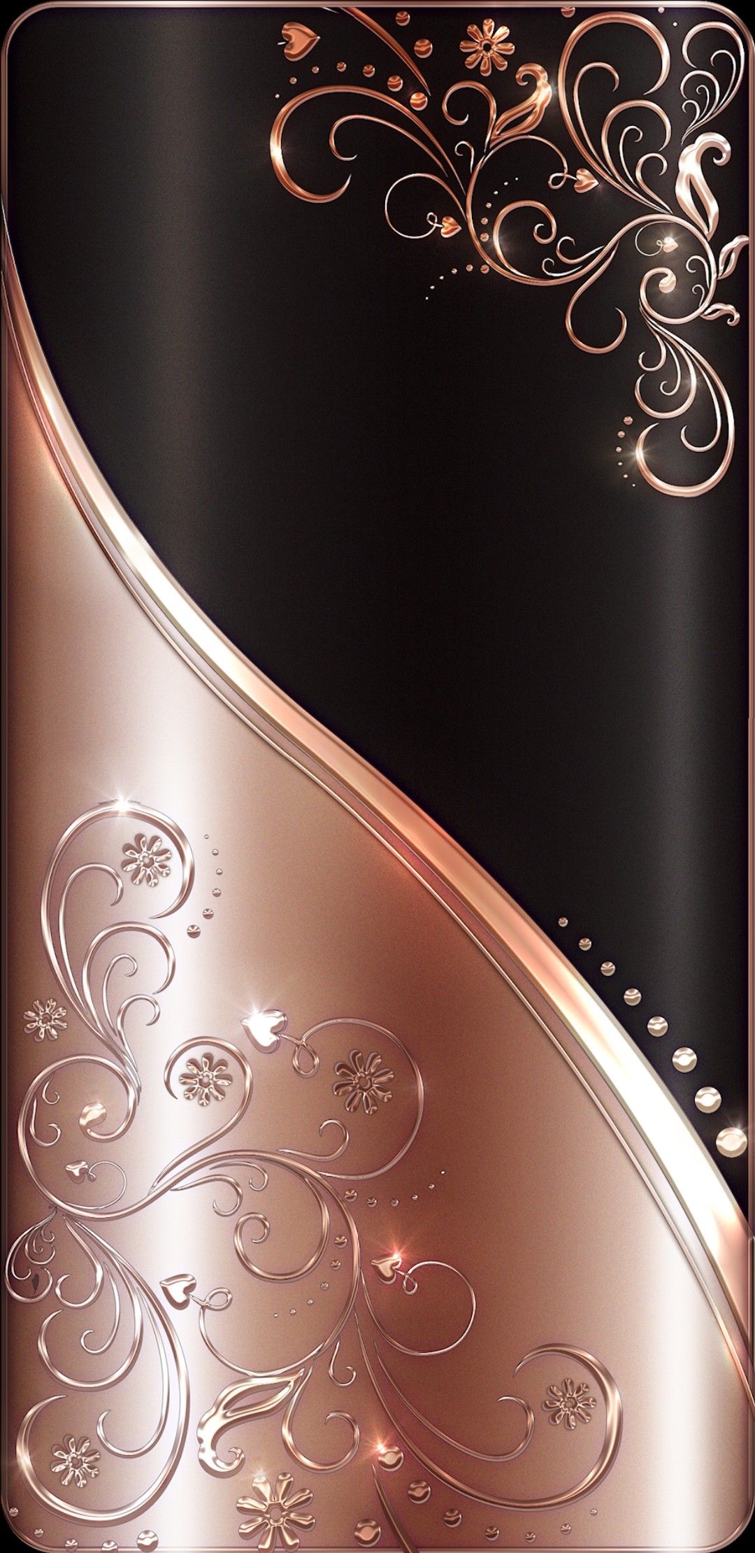 Elegant Black and Rose Gold Phone Wallpaper with Floral Design