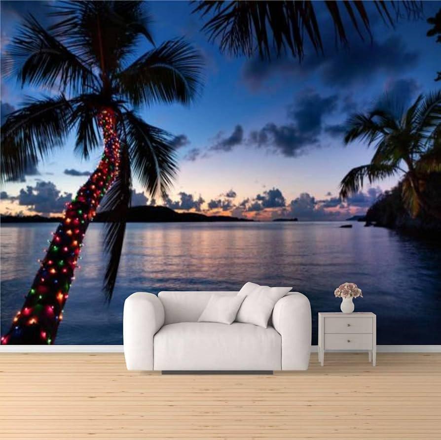 Amazon Palm Tree With Christmas Lights On A Tropical Beach