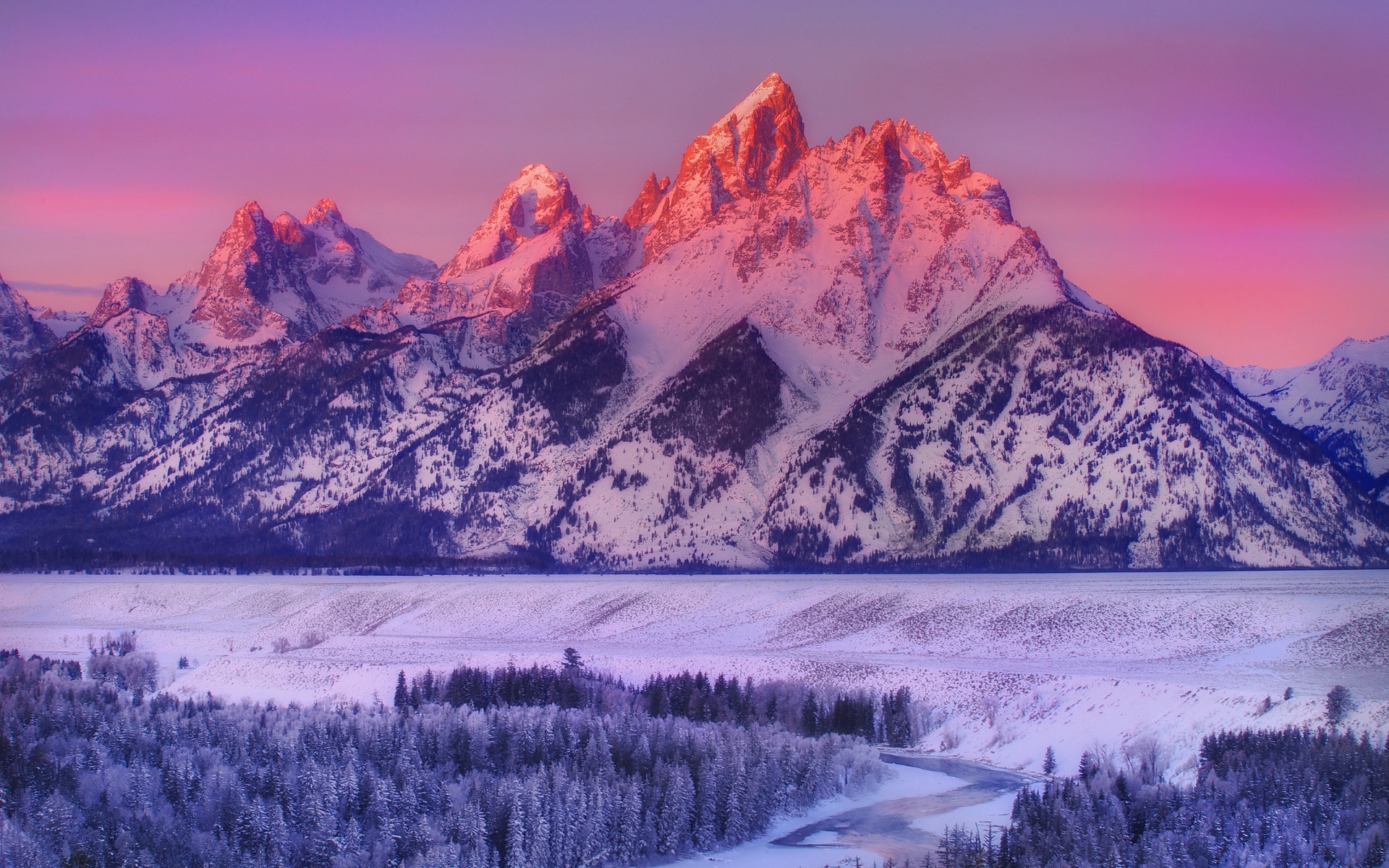 Snow Mountains Sky Snowy Peak Sunset Grand Teton National Park Snake River Overlook Trees Wallpaper