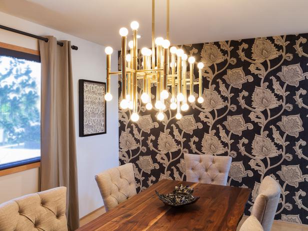 Eclectic Gold Chandelier With Black And White Wallpaper