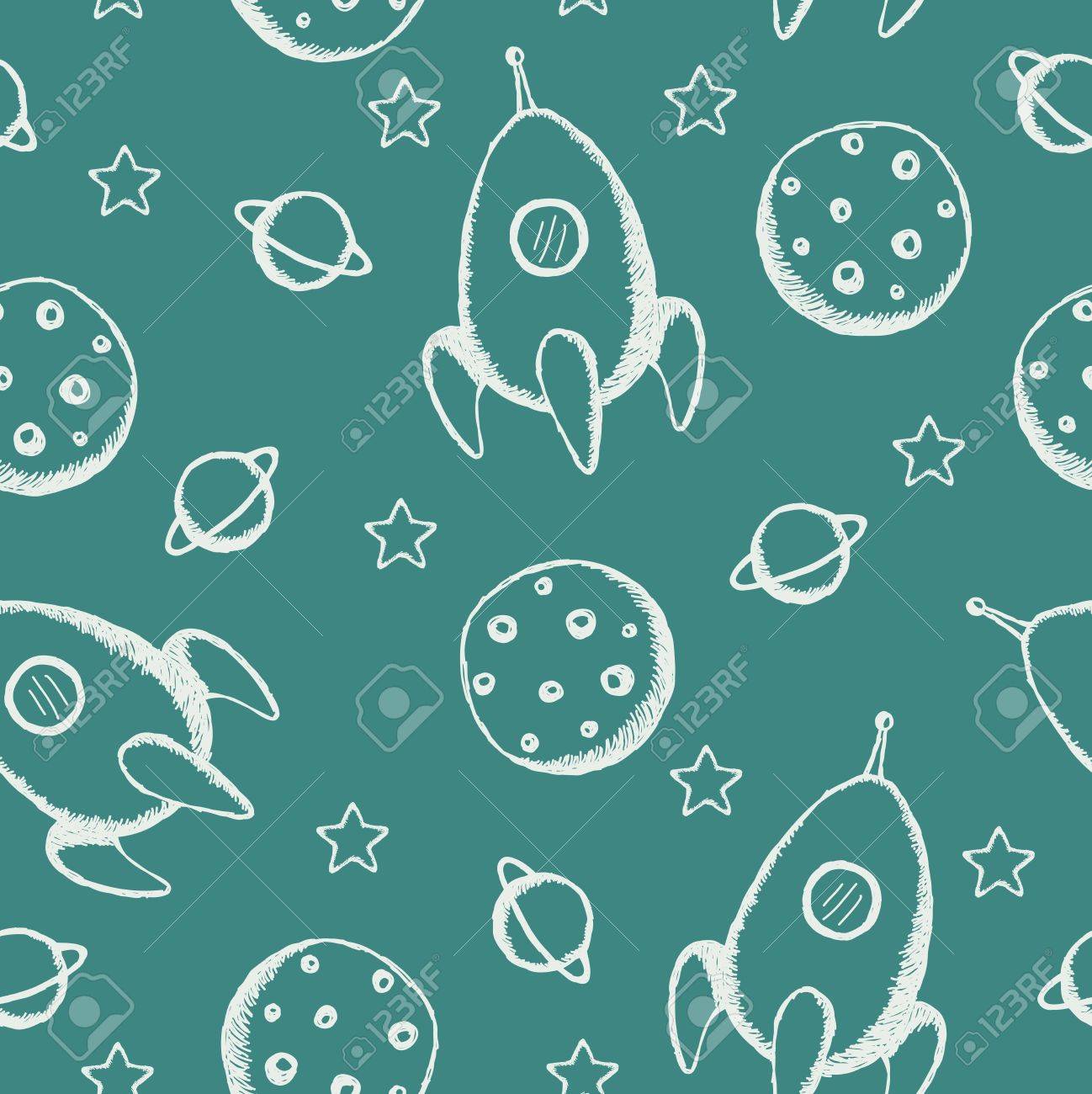 Seamless Childish Wallpaper With Rockets And Plas Royalty