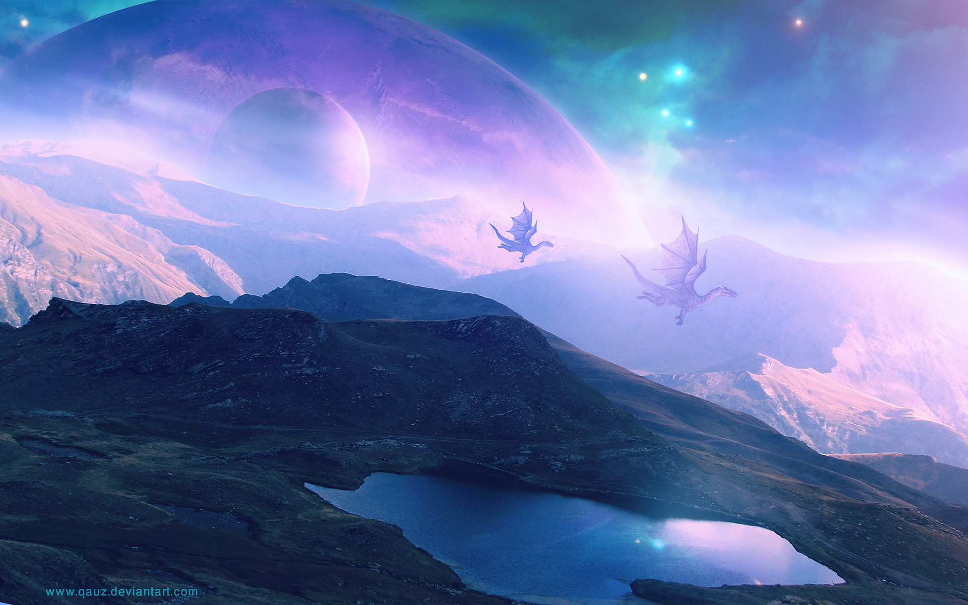 Dragon Purple Landscape Plas Fantasy Wallpaper Background