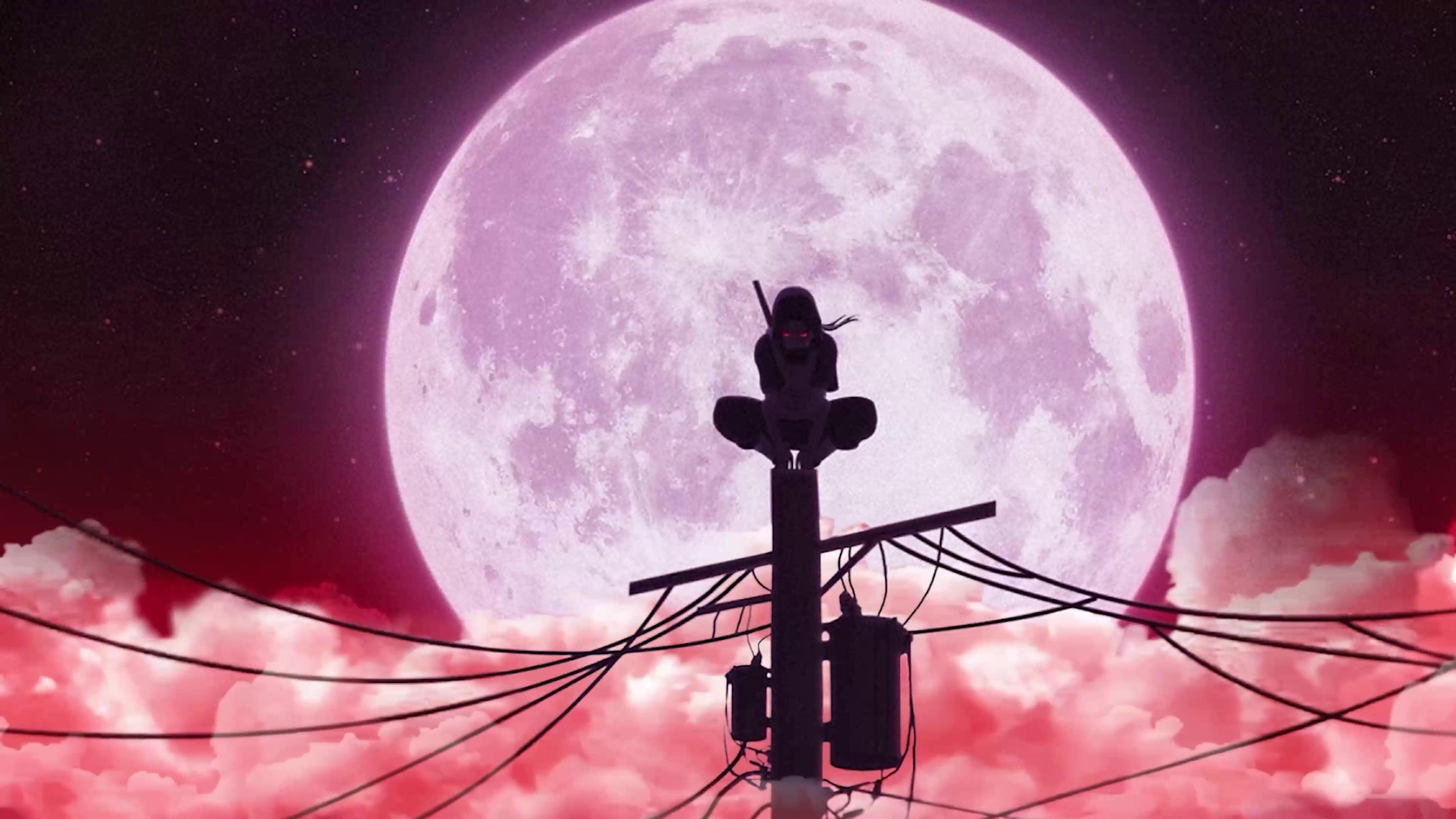 A silhouette of a ninja perched atop a utility pole against a backdrop of a large, pink moon and reddish clouds. This 4k live wallpaper evokes a mysterious and captivating ninja world