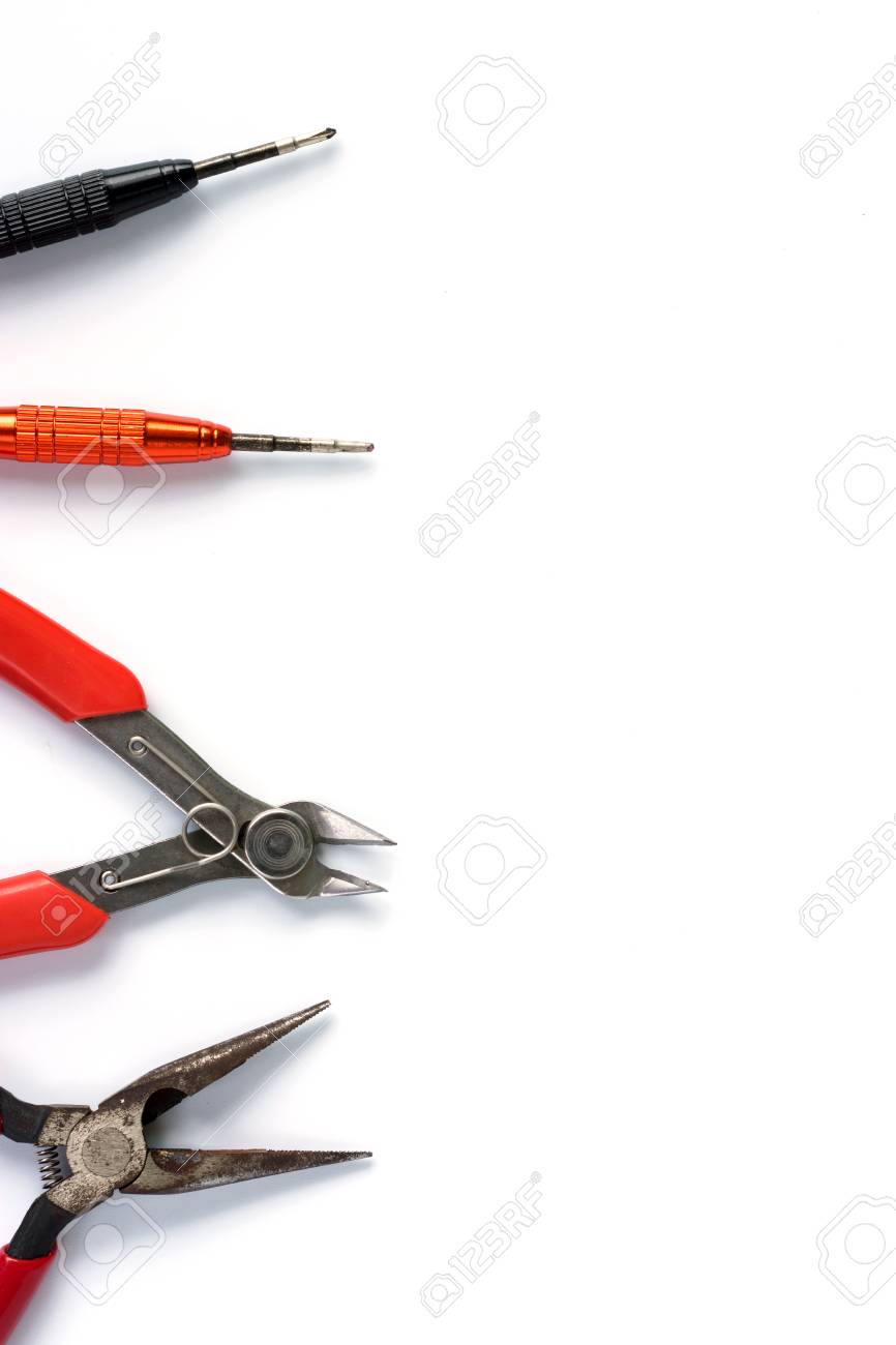 Flat Lay Of Various Craftsman Tools Or Hand On White