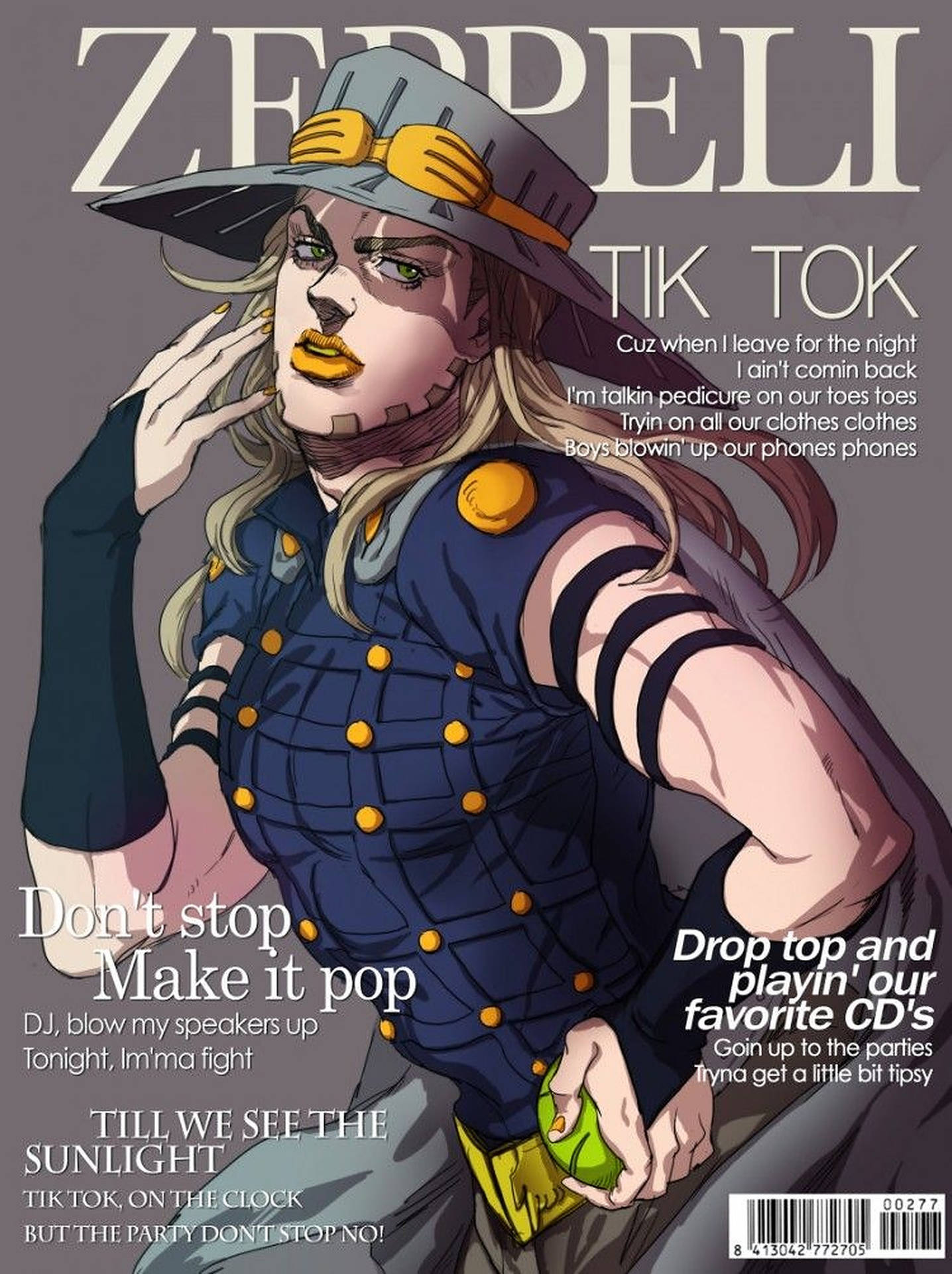 Gyro Zeppeli from JoJo's Bizarre Adventure stylized as a magazine cover, promoting a party atmosphere and a 'Tik Tok' vibe