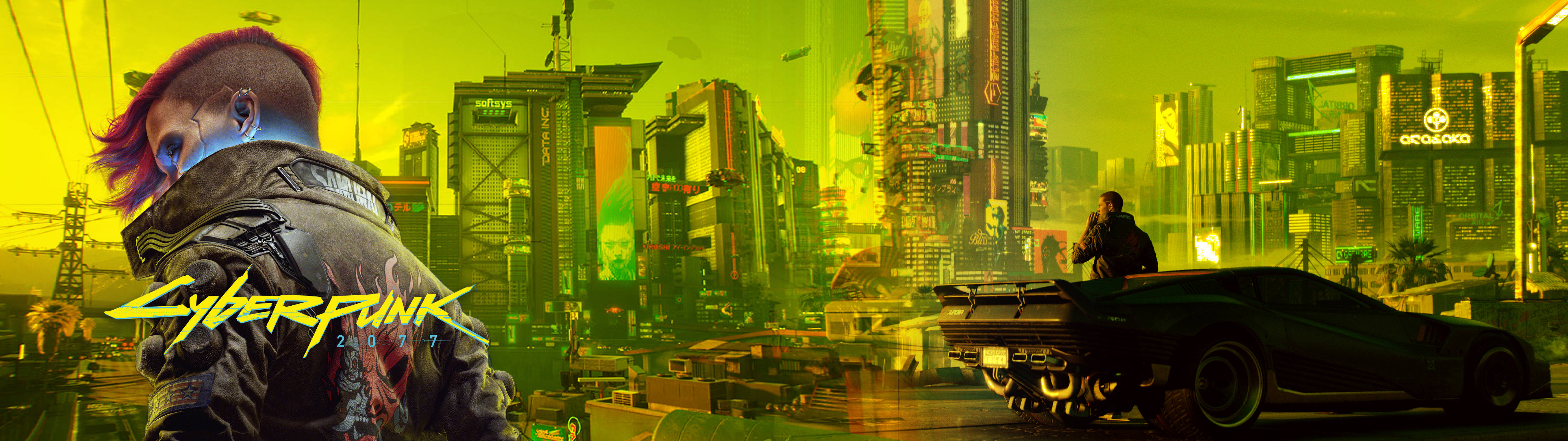 A panoramic, neon-drenched cityscape from the video game Cyberpunk 2077, featuring a character and a futuristic car