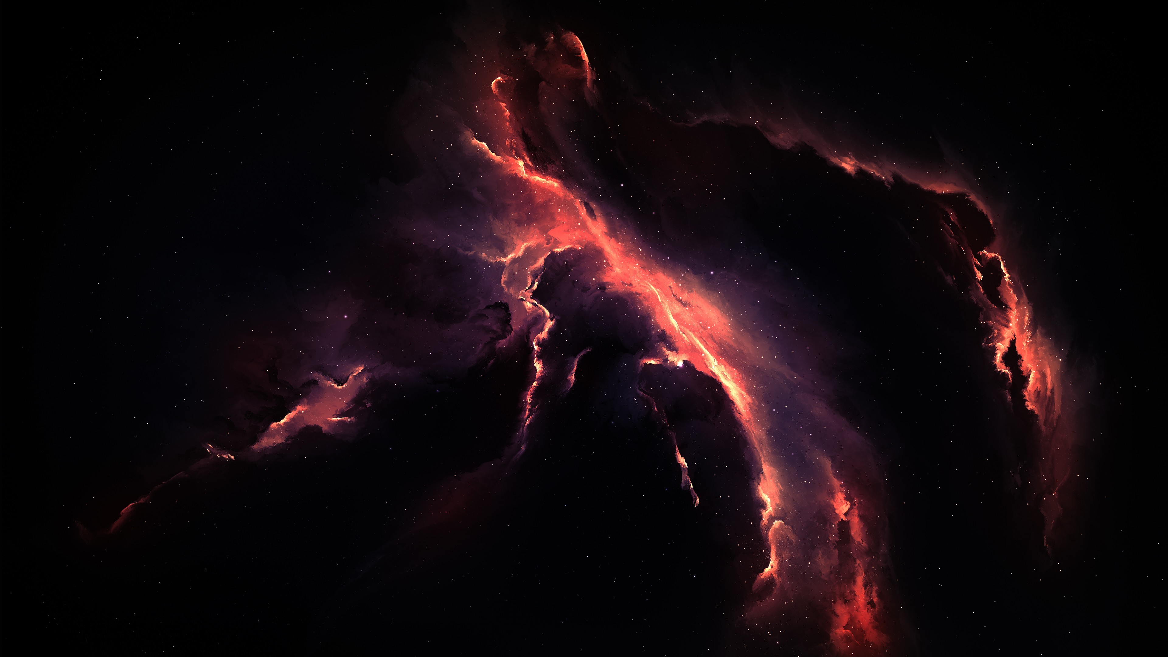 A stunning 4k wallpaper of a dark nebula with fiery orange and red hues, resembling a cosmic river flowing through space