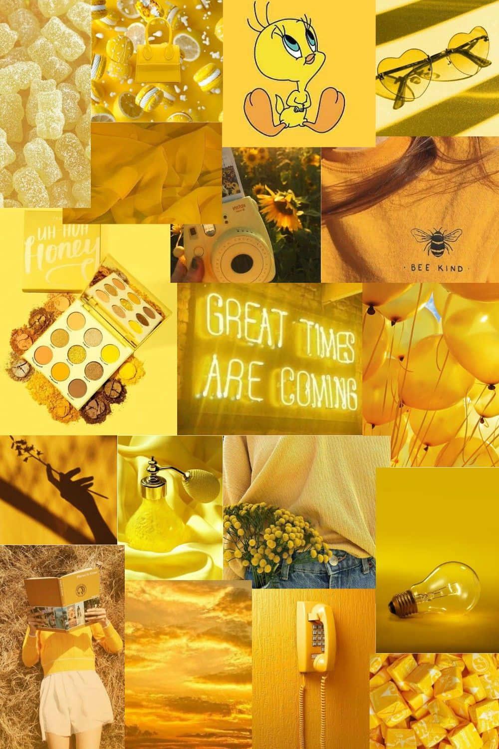 A Collage Of Yellow Pictures With The Words Great Times