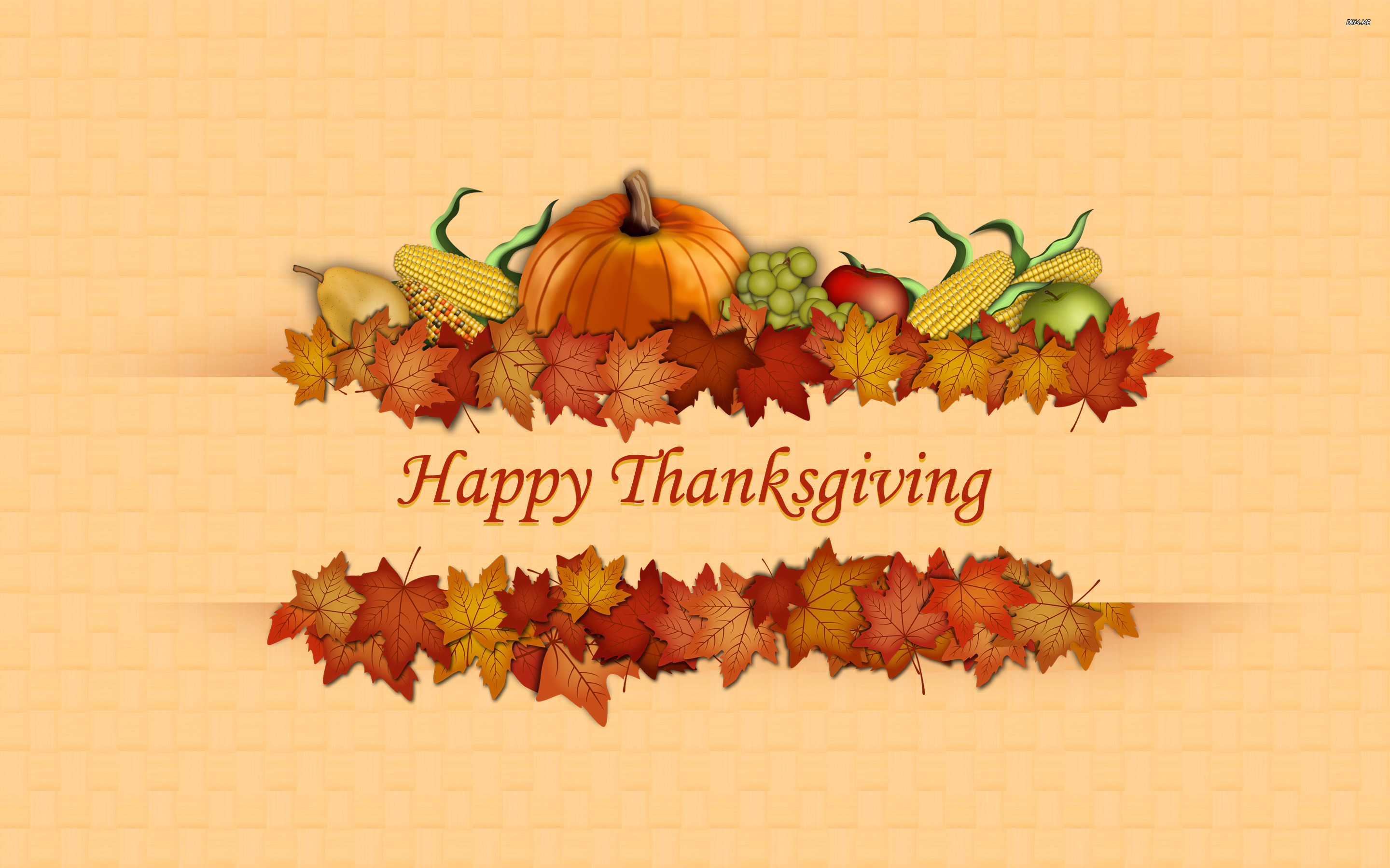 Happy Thanksgiving greeting card with autumn leaves, pumpkin, corn, pear, grapes, and apple on a textured orange background