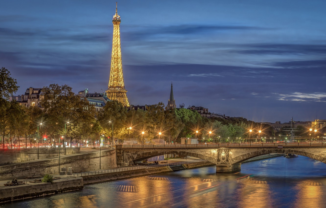 Wallpaper Bridge River France Paris Eiffel Tower Night