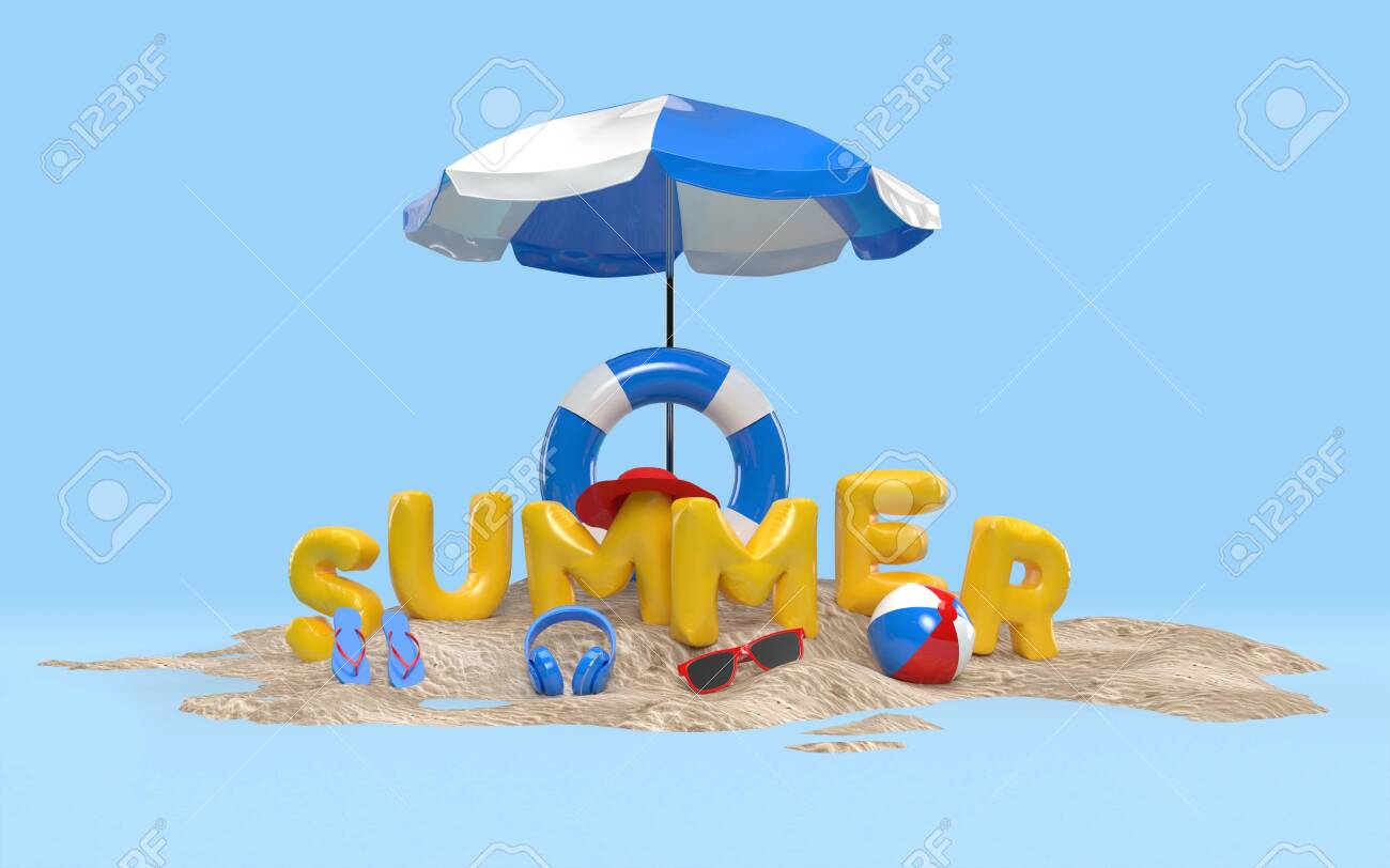 3d Text Summer On Beach Island With Beach Umbrella Sun Glass