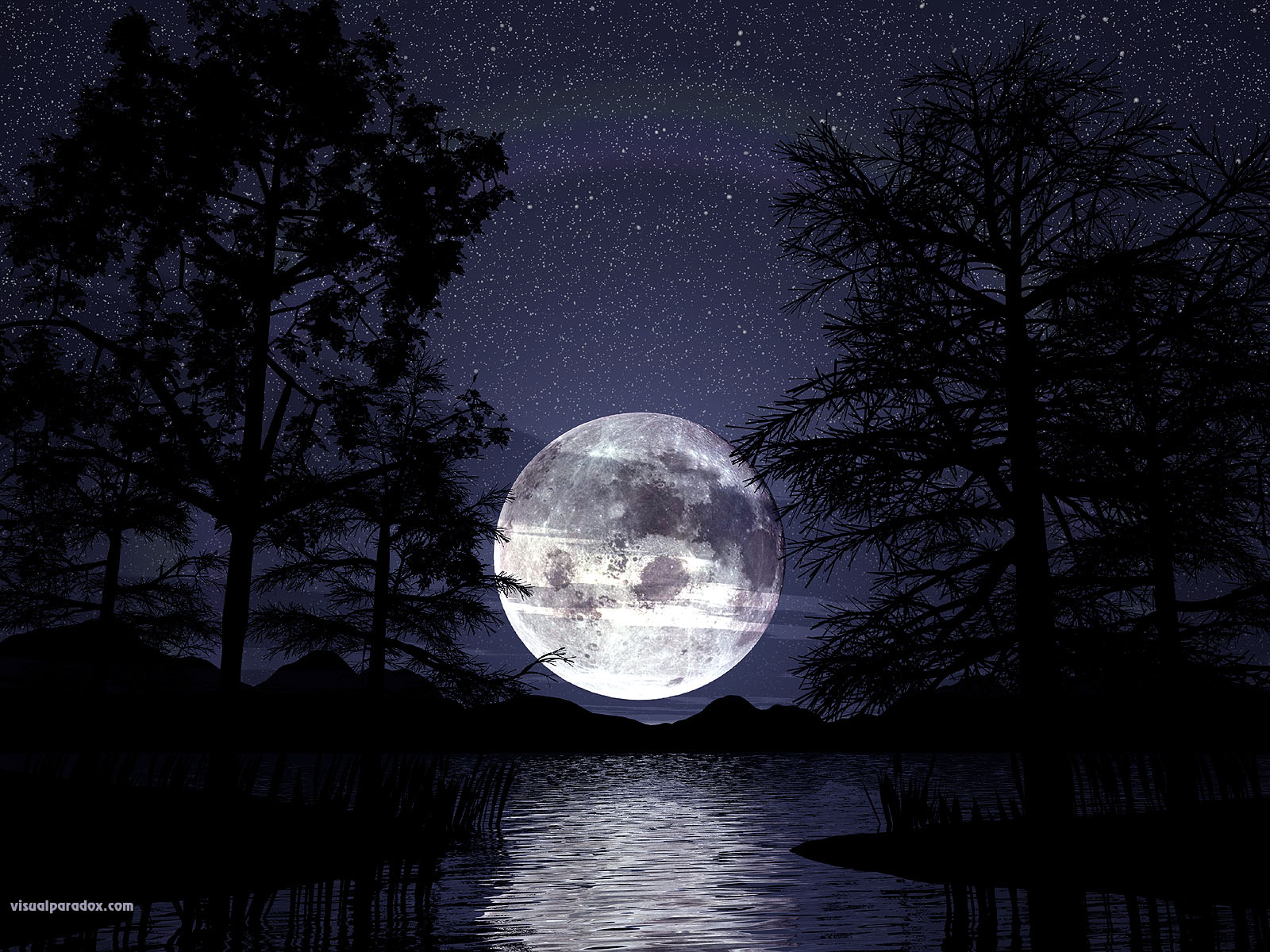 Lunar Trees Lake Water Reeds Silhouette Stars Romantic