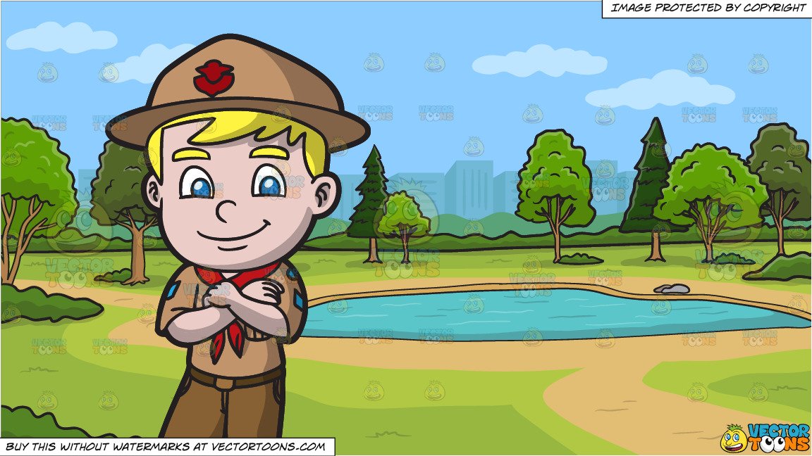 A Confident Boy Scout And Small Pond In The Park Background