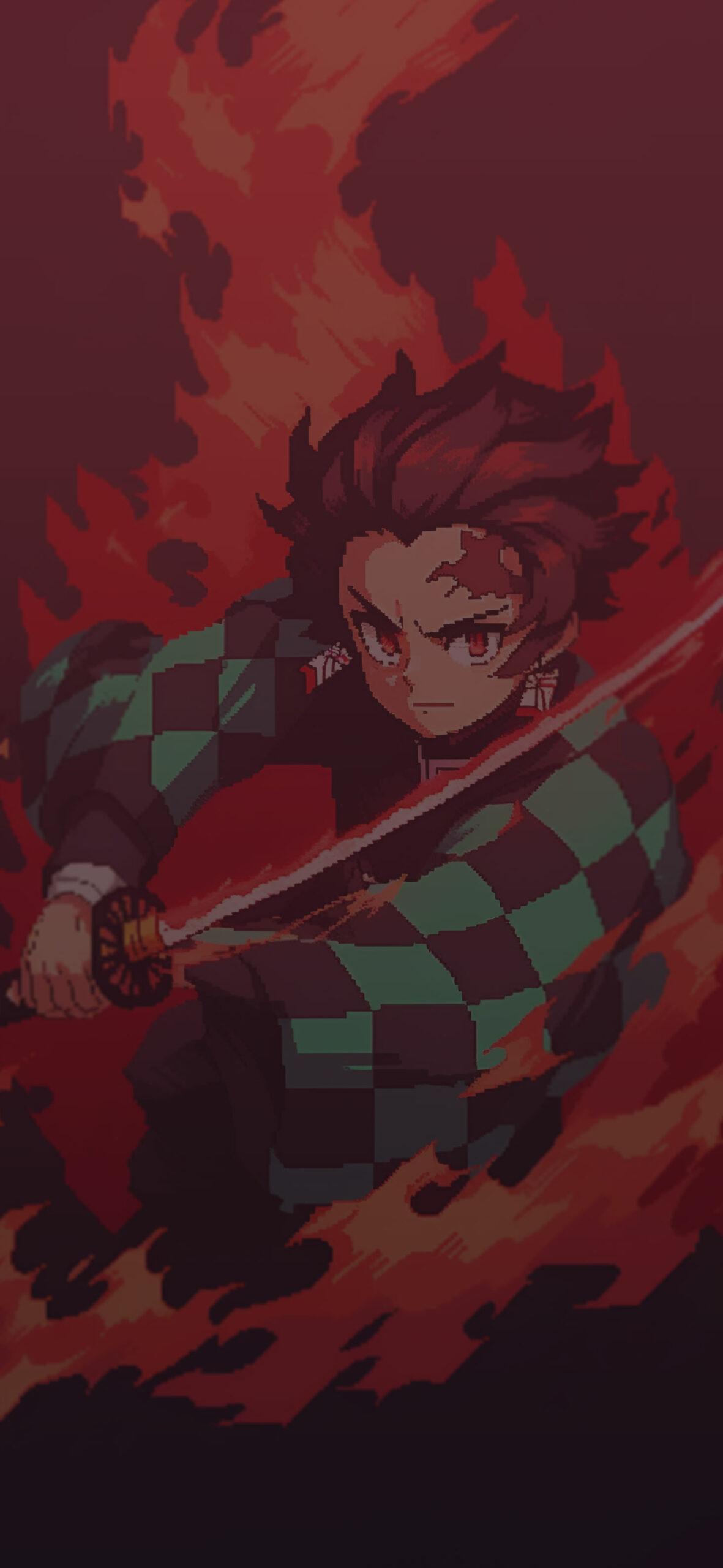 Demon Slayer Tanjiro In Fire Pixel Art Wallpaper Anime