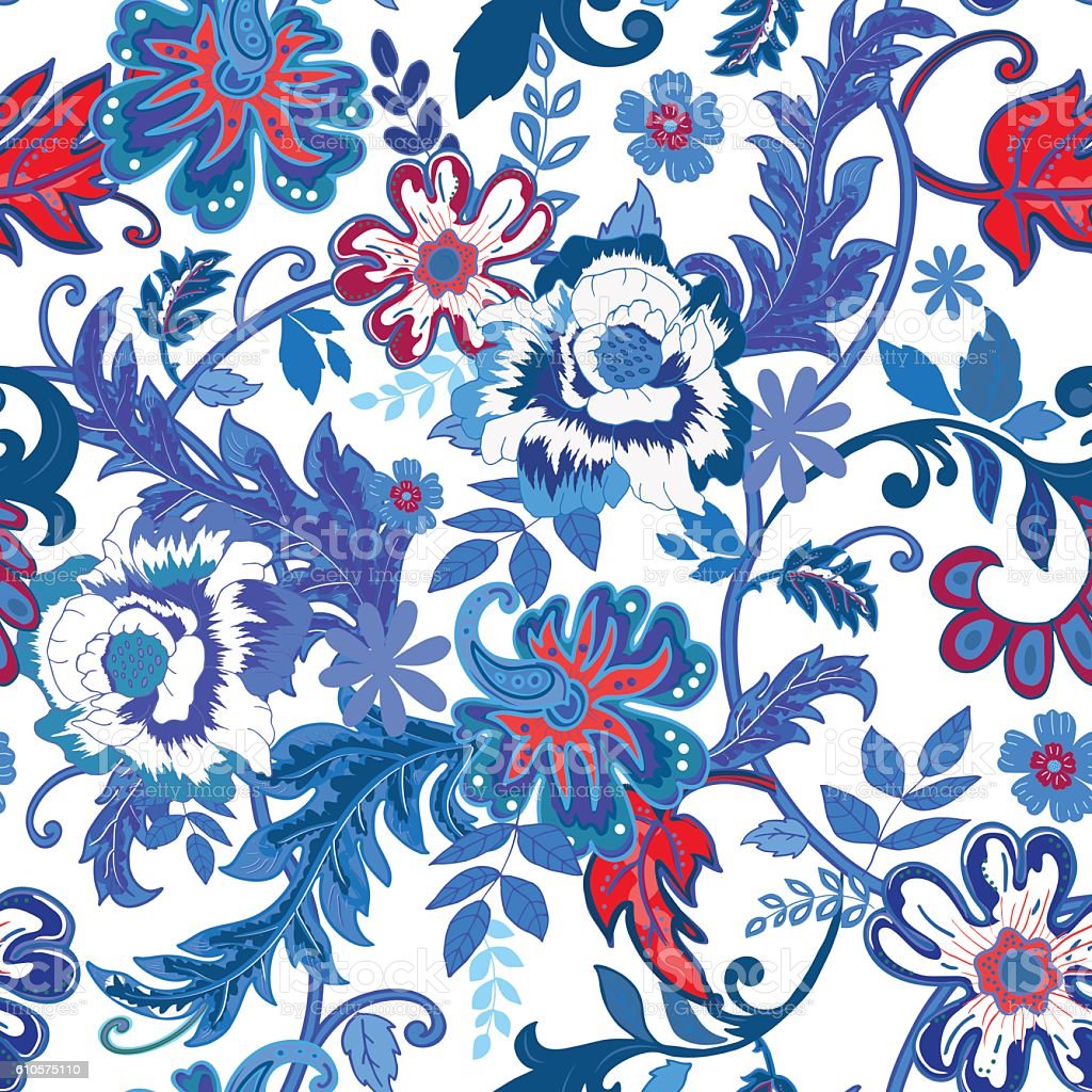 Seamless Floral Background Colorful Red And Blue Isolated Flowe